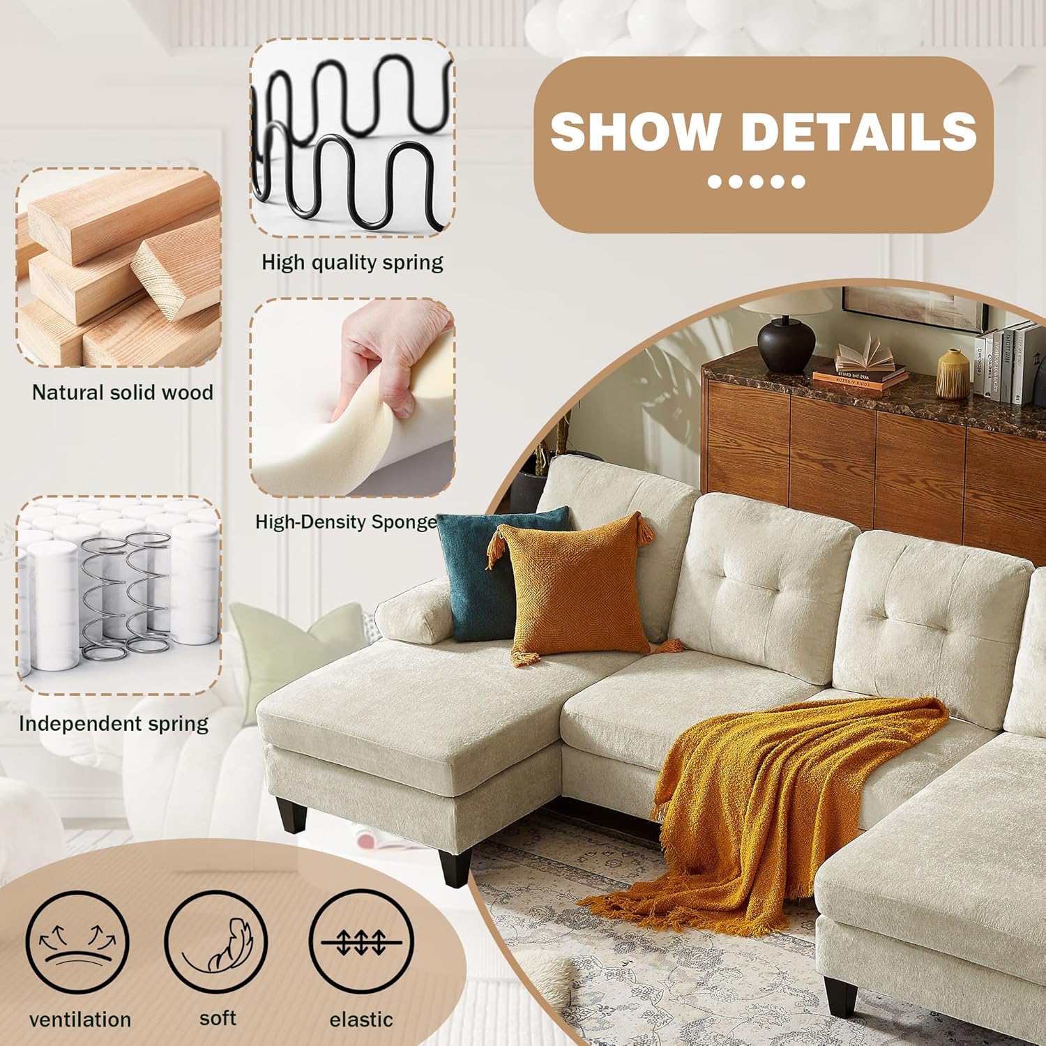 Sectional Couch for Living Room, Modern Polyester Fibre U Shaped Sofa Couches with Double Chaise, Upholstered 4 Seater Sofa for Living Room, Apartment, Office, Beige