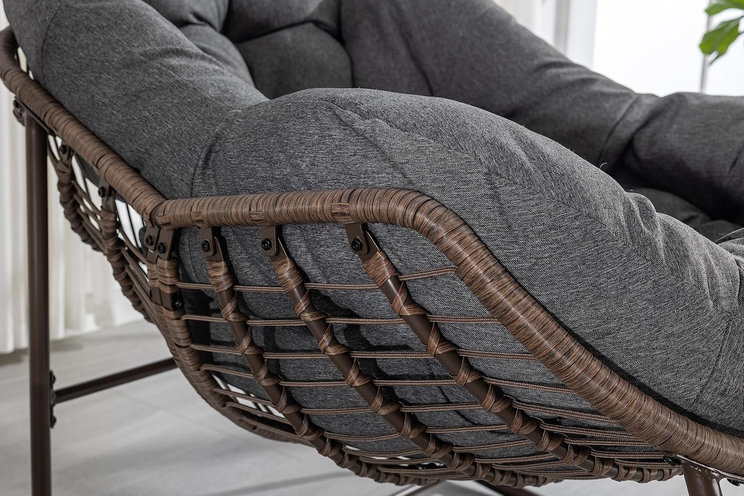 Wicker Outdoor Rocking Chair Rattan Egg Chair with Thick Cushion 30° Smooth Rocking Patio Lounge Reclining for Indoor Outdoor Use Living Room Front Porch Balcony Lawn Garden, Dark Grey