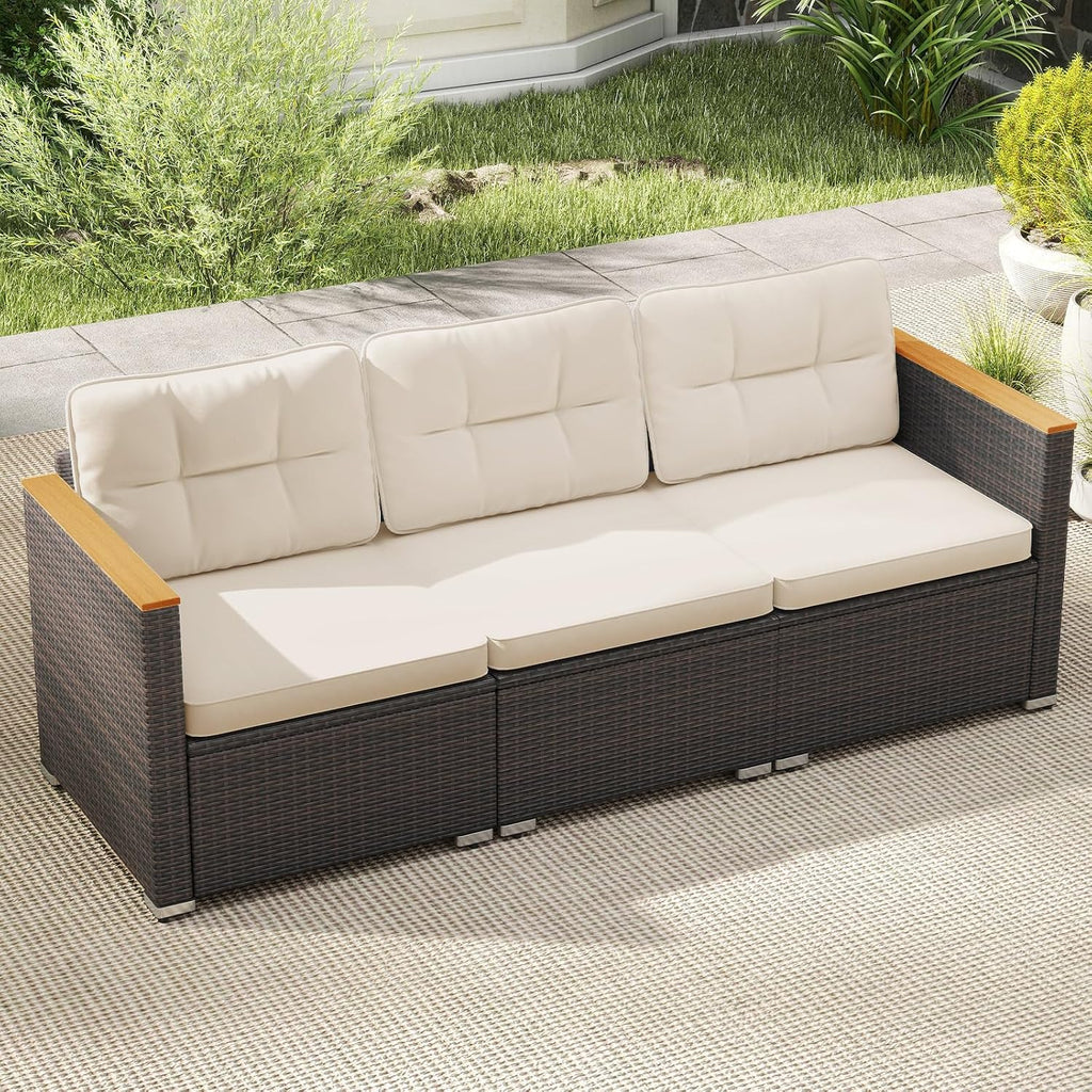 Tangkula 3-Seat Patio Wicker Couch Sofa, Outdoor 3 Seater Rattan Furniture Set with Acacia Wood Armrests & Thick Cushion, Outside Sectional Sofa Couch for Porch, Deck, Garden and Backyard, Off White