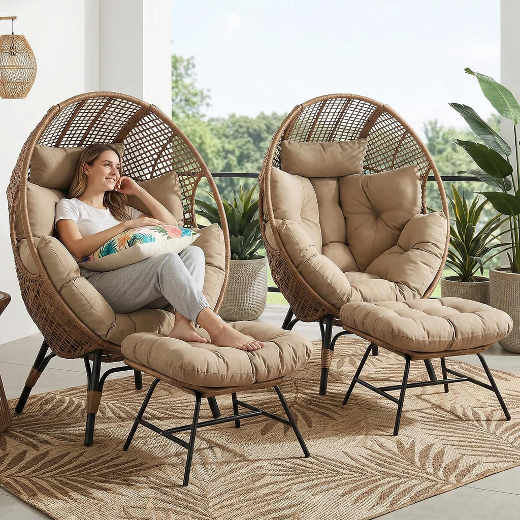 RADIATA 2 pcs Egg Chair with Footrest, Wicker Patio Lounger with Ottoman for 2, Oversized Rattan Egg Shaped Chair with Leg for Indoor Outdoor Patio Balcony Garden (Brown, 2pcs)