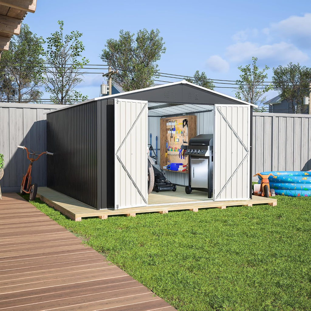 10x12 FT Shed Outdoor Storage Shed Metal Garden Shed with Lockable Doors & Slooping Roof Tool Shed Bike Shed for Backyard, Patio, Poolside (Black)