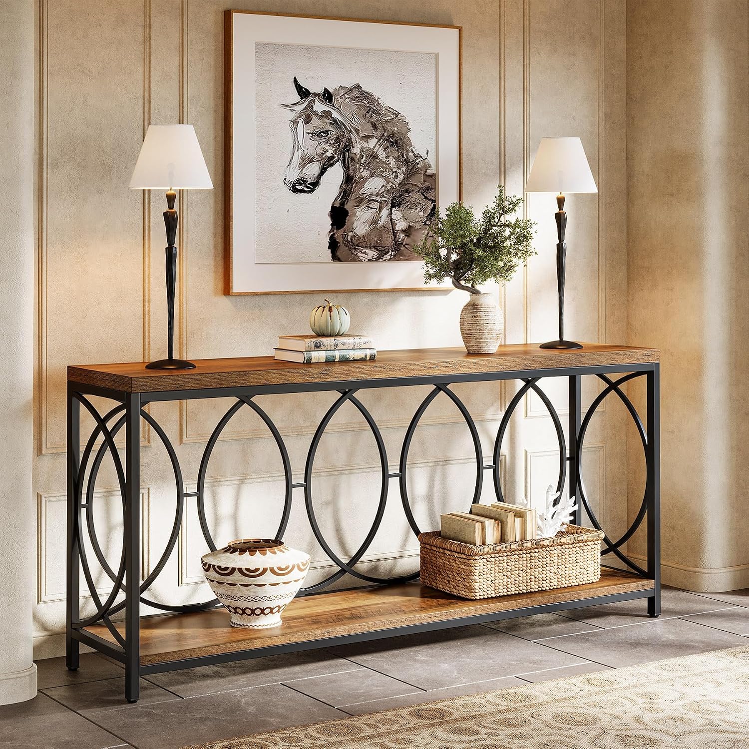 Tribesigns 70.9-Inch Extra Long Console Table, 2-Tier Industrial Table Behind Couch with Storage Shelf, Narrow Entryway Console for Living Room, Entryway, Hallway, Rustic Brown