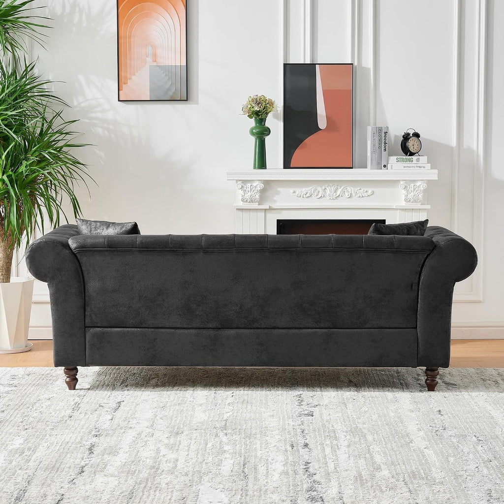 Air Leather Tufted Sofa Couch for Living Room, Rolled Arm 3-Seater Sofa Couch with 2 Pillows, Small Apartment Chesterfield Sofa