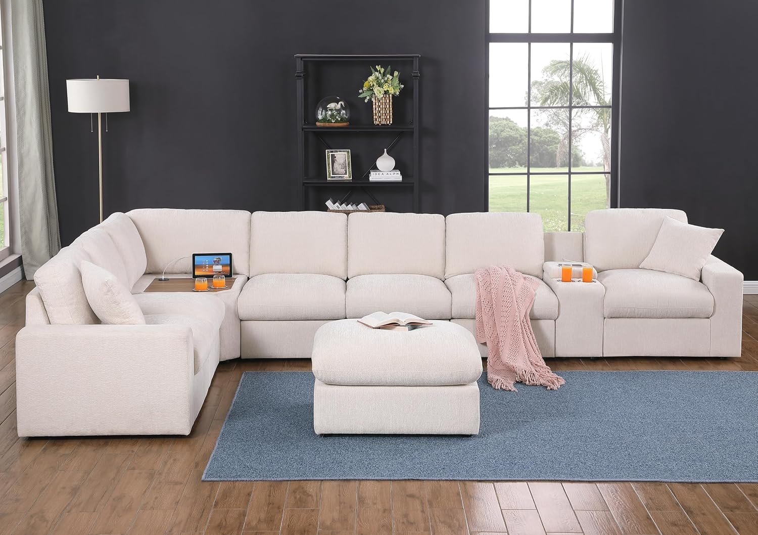 Ball & Cast 157' Oversized Modular Sectional Sofa L-Shaped,Large Chenille Upholstered Couch 8 Seat with Ottoman,Cup Holders & USB Ports,Comfty Sectionals W/Pillows & Storage Box,for Living Room,Beige