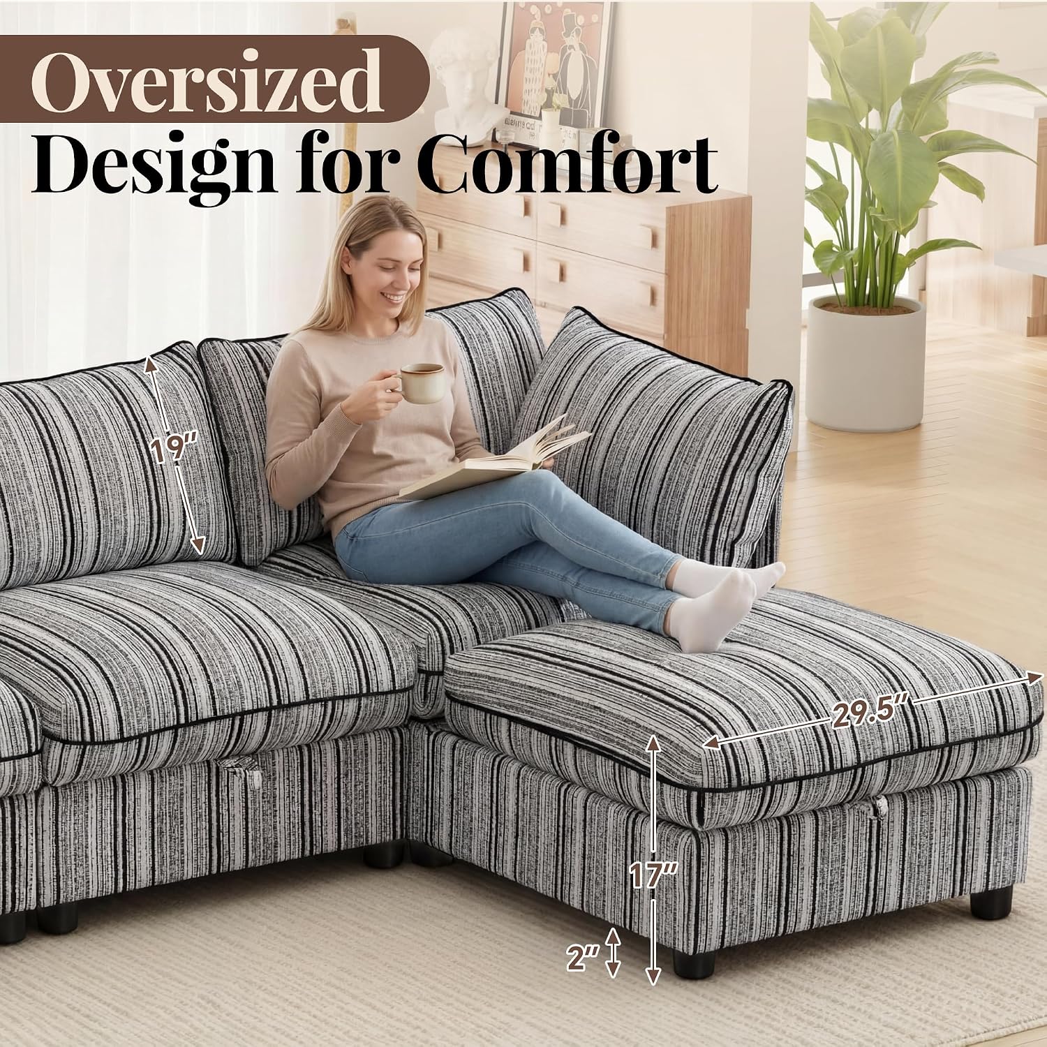 95.5' Modular Sectional Couch with Hidden Storage, Convertible L U Shaped Sleeper Sofa Bed with Stripe Pattern, 6 Seat Modular Sectional Couch with Ottoman Chaise & Removable Covers for Living Room