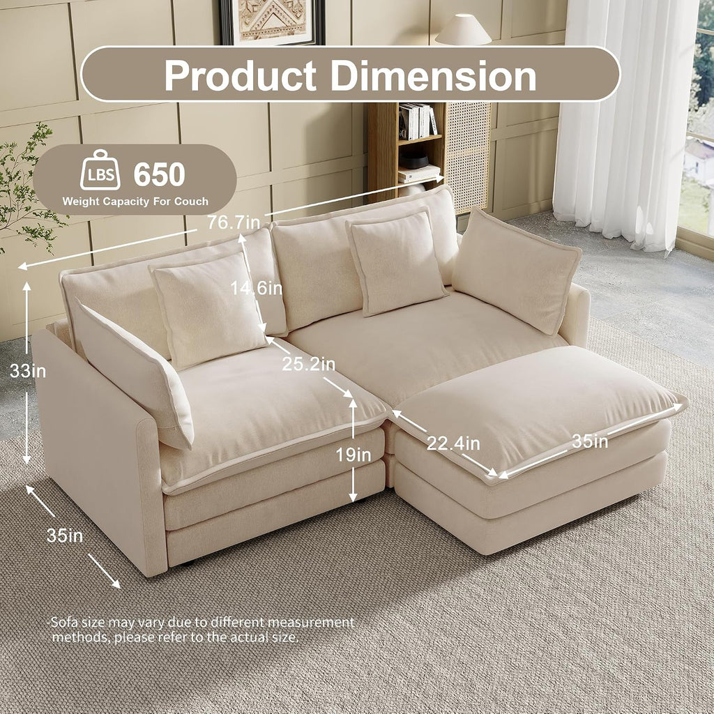 Modular Sectional Sofa, 76.7 Inch L-Shaped Cloud Sofa with Deep Seat Comfortable Chenille Sofa with Cushion Double Sectional Sofa for Living Room Apartment,Light Coffee