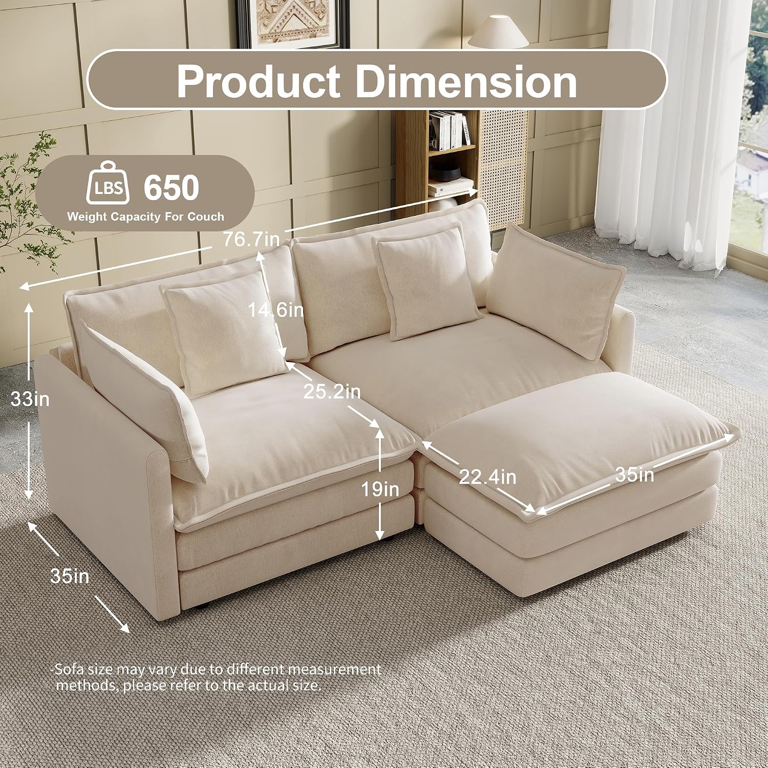 Modular Sectional Sofa, 76.7 Inch L-Shaped Cloud Sofa with Deep Seat Comfortable Chenille Sofa with Cushion Double Sectional Sofa for Living Room Apartment,Light Coffee