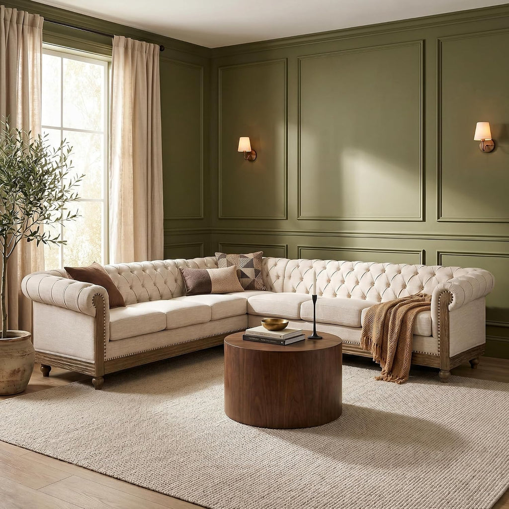 Merax Chesterfield Sofa, Retro Upholstered 6 Seater Rolled Arm Couch for Living Room Bedroom Office, Beige
