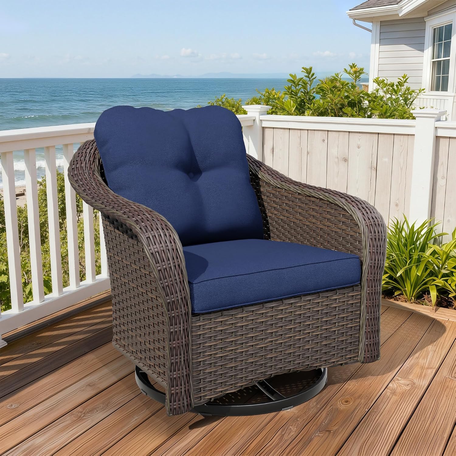 Wicker Swivel Rocking Chairs - Outdoor Brown Wicker Swivel Glider Chair Outdoor Rocking Chair with Water-Resistant Cushions, Blue