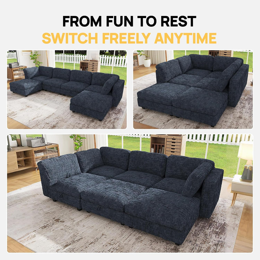 99' Modular Sectional Chenille Sofa bed with Hidden Storage, Comfy Modern 6 Seater Oversized Deep Seat Couch, Modular Sectional with Ottoman and Removable Cover for Living Room, Apartment, Black