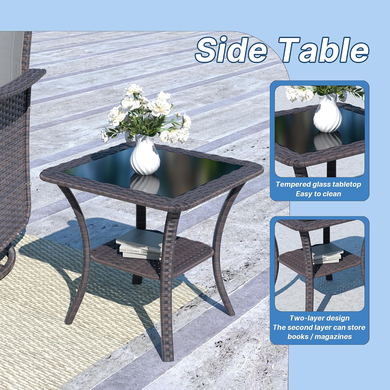 Kurapika 3 Pieces Patio Furniture Set Outdoor Swivel Gliders Rocker, Wicker Patio Bistro Set, Rattan Rocking Chair with Tempered Glass Side Table and Thickened Cushions (Sand)