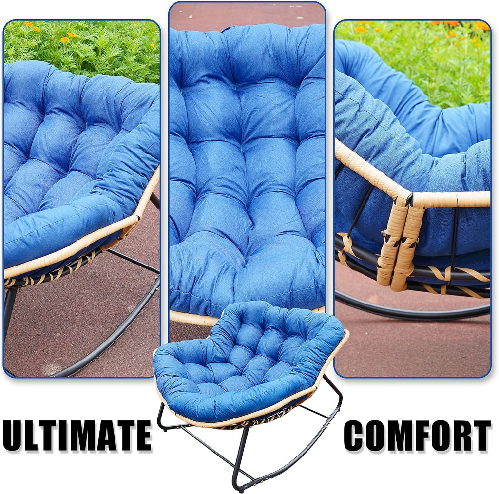 Outdoor Rocking Chair, Patio Egg Rocking Chair, Indoor Papasan Chair, Rattan Wicker Lounge Chair, Modern Royal Chair for Bedroom, Living Room, Porch, Garden,Lawn (41.3' Dark Blue)
