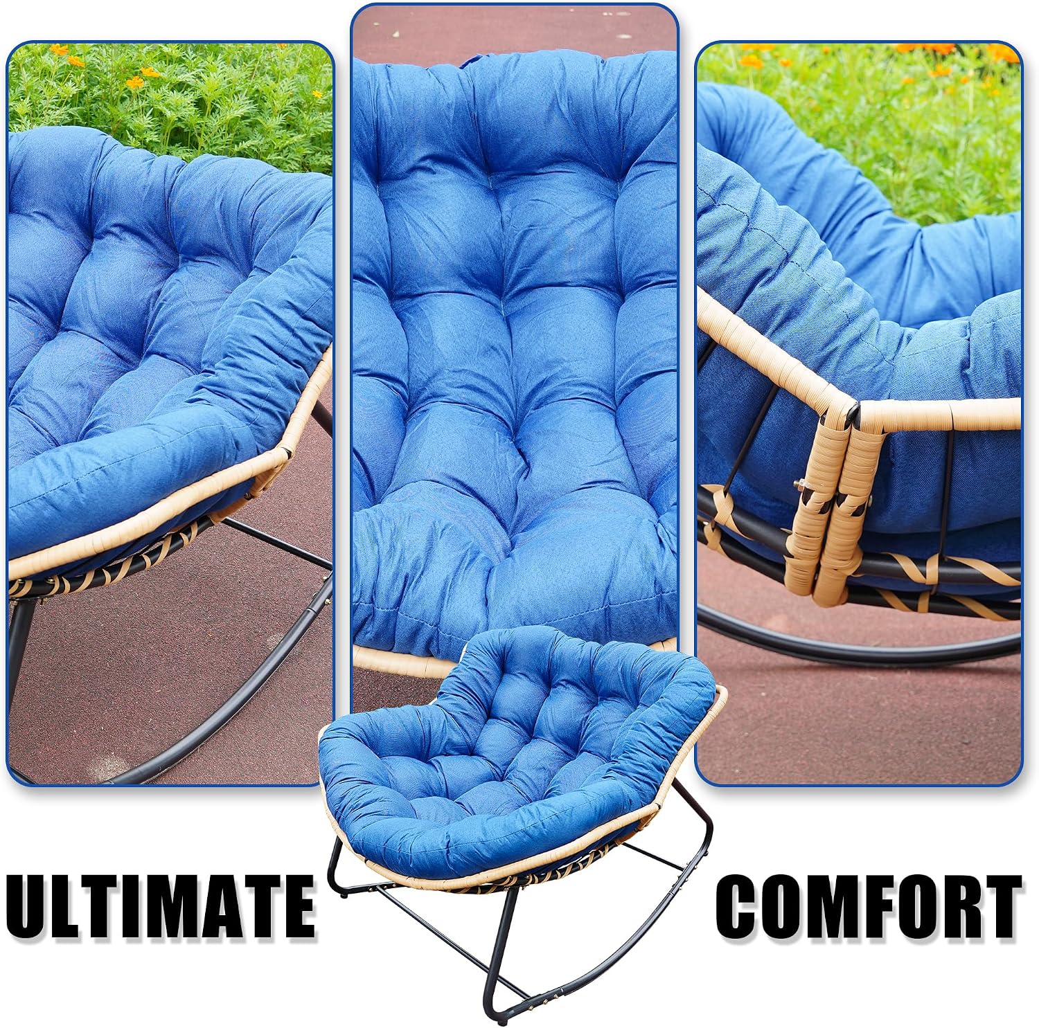 Outdoor Rocking Chair, Patio Egg Rocking Chair, Indoor Papasan Chair, Rattan Wicker Lounge Chair, Modern Royal Chair for Bedroom, Living Room, Porch, Garden,Lawn (41.3' Dark Blue)