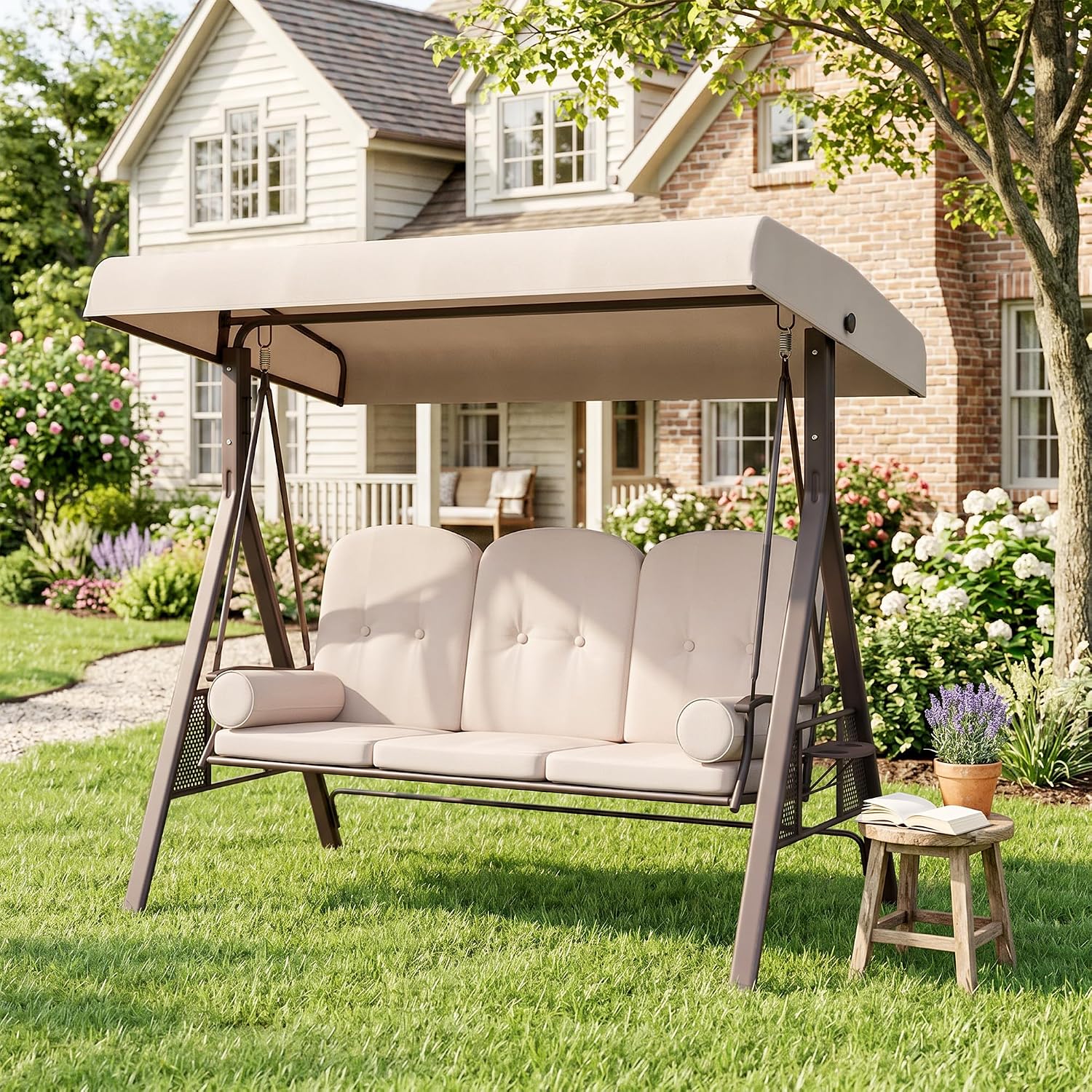 Outsunny 3-Seat Patio Swing Chair, Outdoor Porch Swing Glider with Adjustable Canopy, Removable Cushion, Pillows and Side Trays, for Garden, Poolside, Backyard, Beige