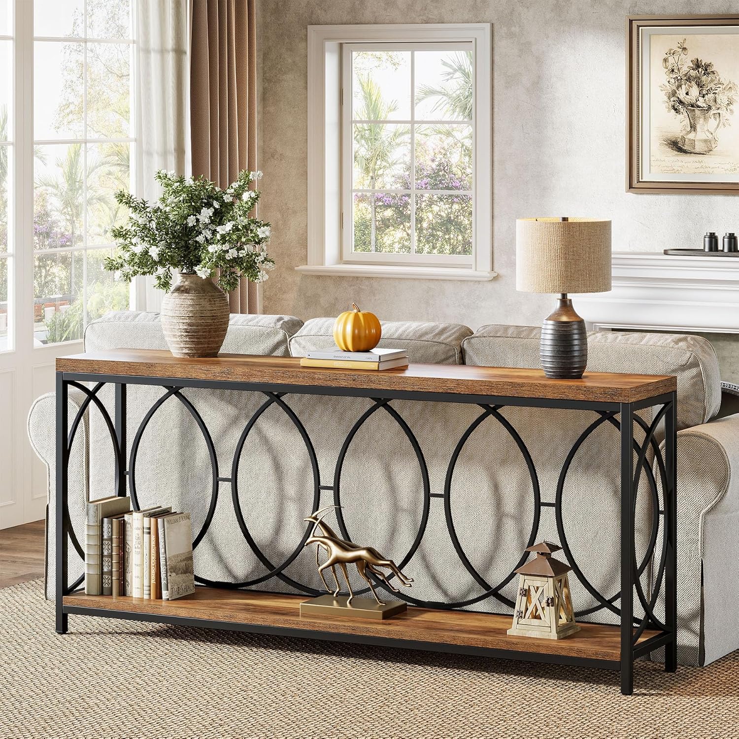 Tribesigns 70.9-Inch Extra Long Console Table, 2-Tier Industrial Table Behind Couch with Storage Shelf, Narrow Entryway Console for Living Room, Entryway, Hallway, Rustic Brown