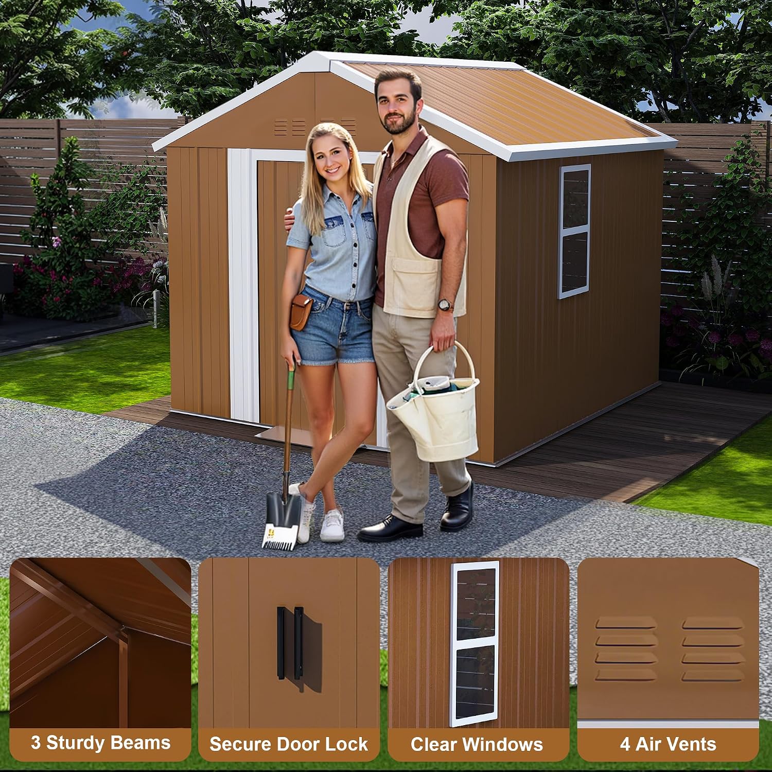 6x4 FT Outdoor Steel Storage Shed with Clear Windows, Sliding Lockable Door & Ventilation, Brown and White Weather-Resistant Metal Tool Shed for Garden, Backyard, Lawn, and Utility Storage