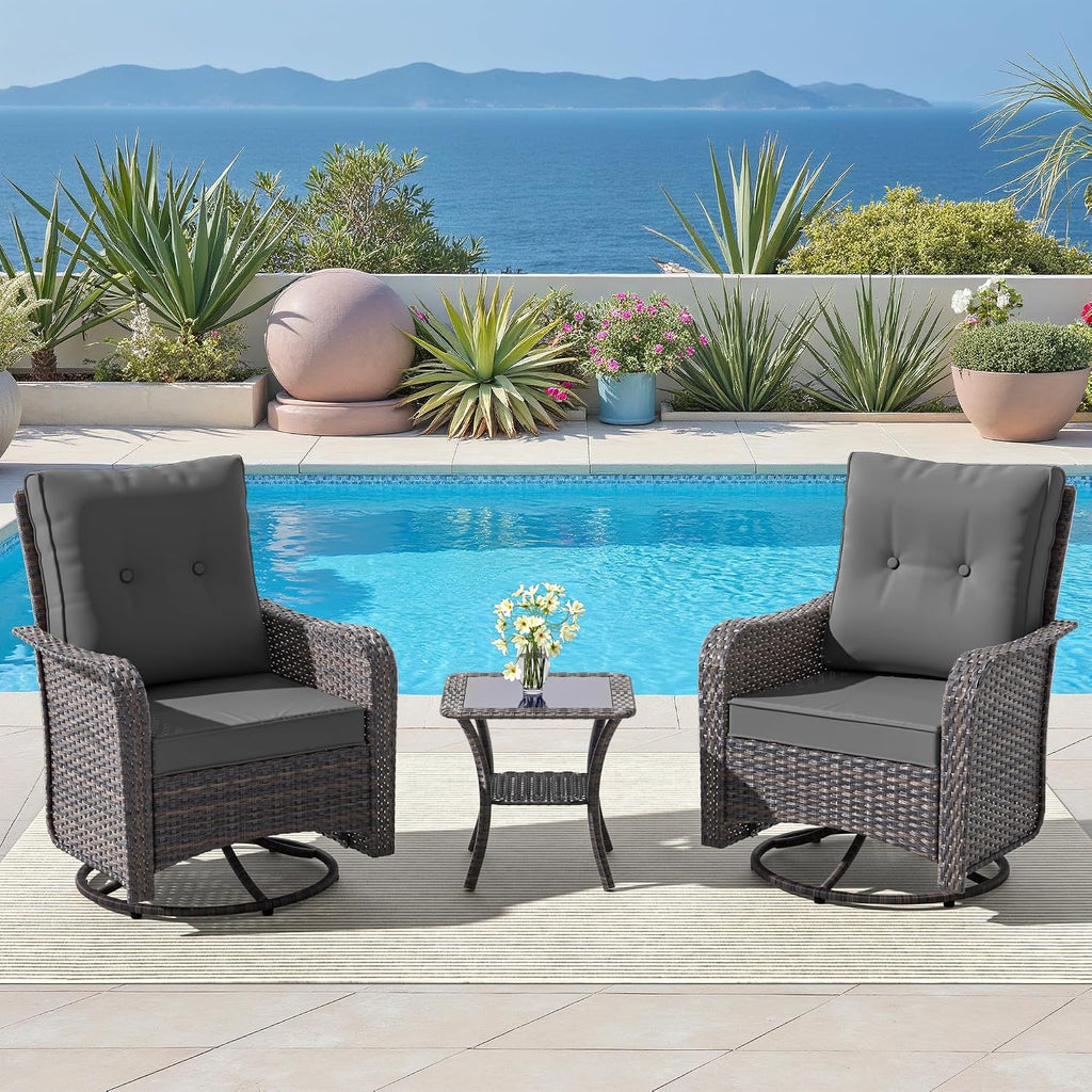 ALAULM Outdoor Swivel Rocking Chairs Set of 2 with 4'Thick Cushions and High Back, Wicker Patio Chairs w/Side Table for Patio, Porch, Poolside, Deck, Backyard, Garden-Grey