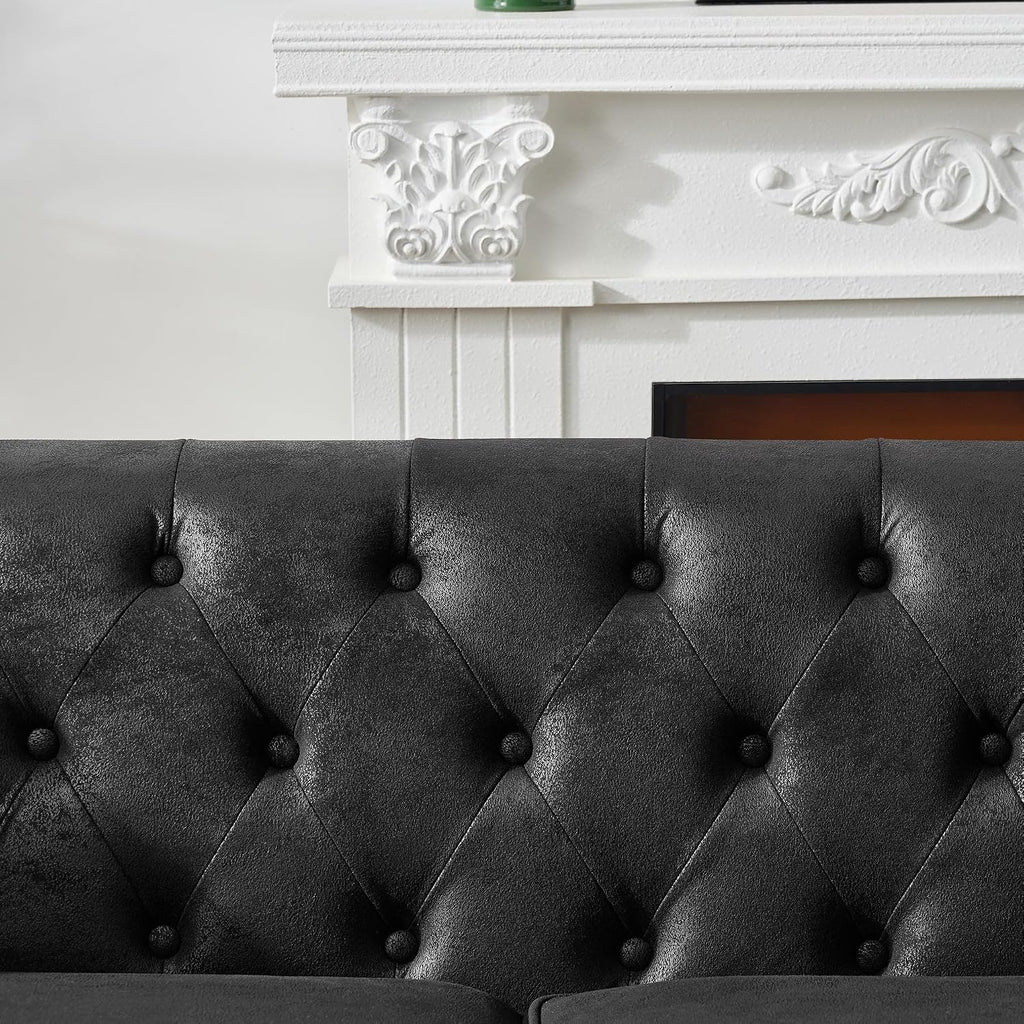 Air Leather Tufted Sofa Couch for Living Room, Rolled Arm 3-Seater Sofa Couch with 2 Pillows, Small Apartment Chesterfield Sofa