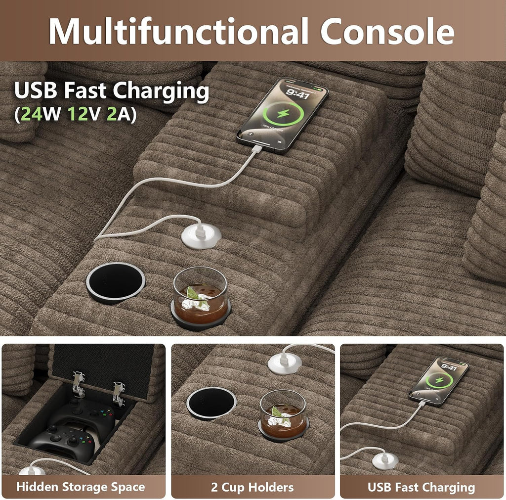 152' Oversized U Shaped Cloud Couches for Living Room, Fluffy Large Modular Sectional Sofa Set with Ottoman Chaise Comfy Corduroy Brown Boneless Couch with Cup Holder USB Port