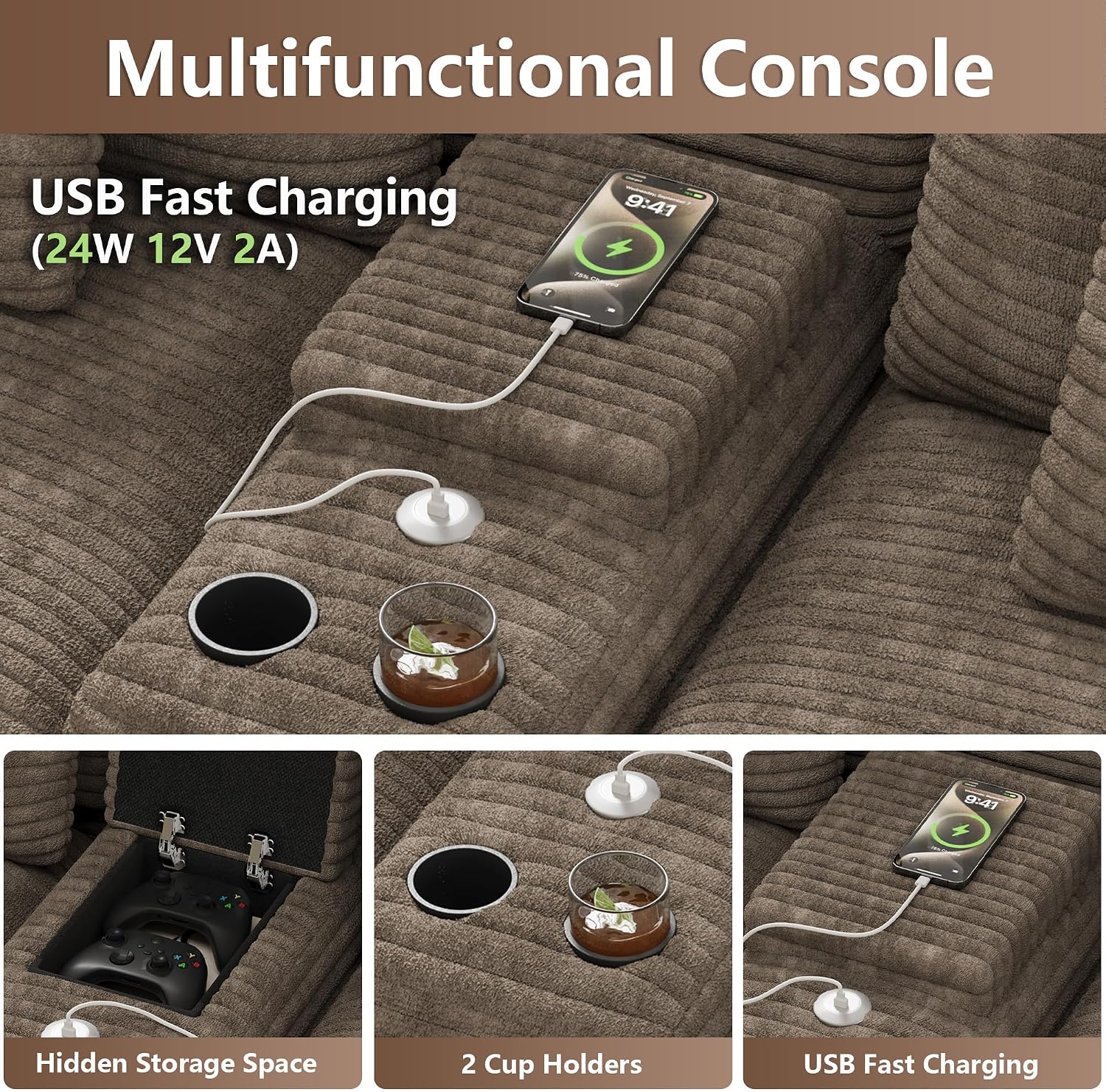 152' Oversized U Shaped Cloud Couches for Living Room, Fluffy Large Modular Sectional Sofa Set with Ottoman Chaise Comfy Corduroy Brown Boneless Couch with Cup Holder USB Port