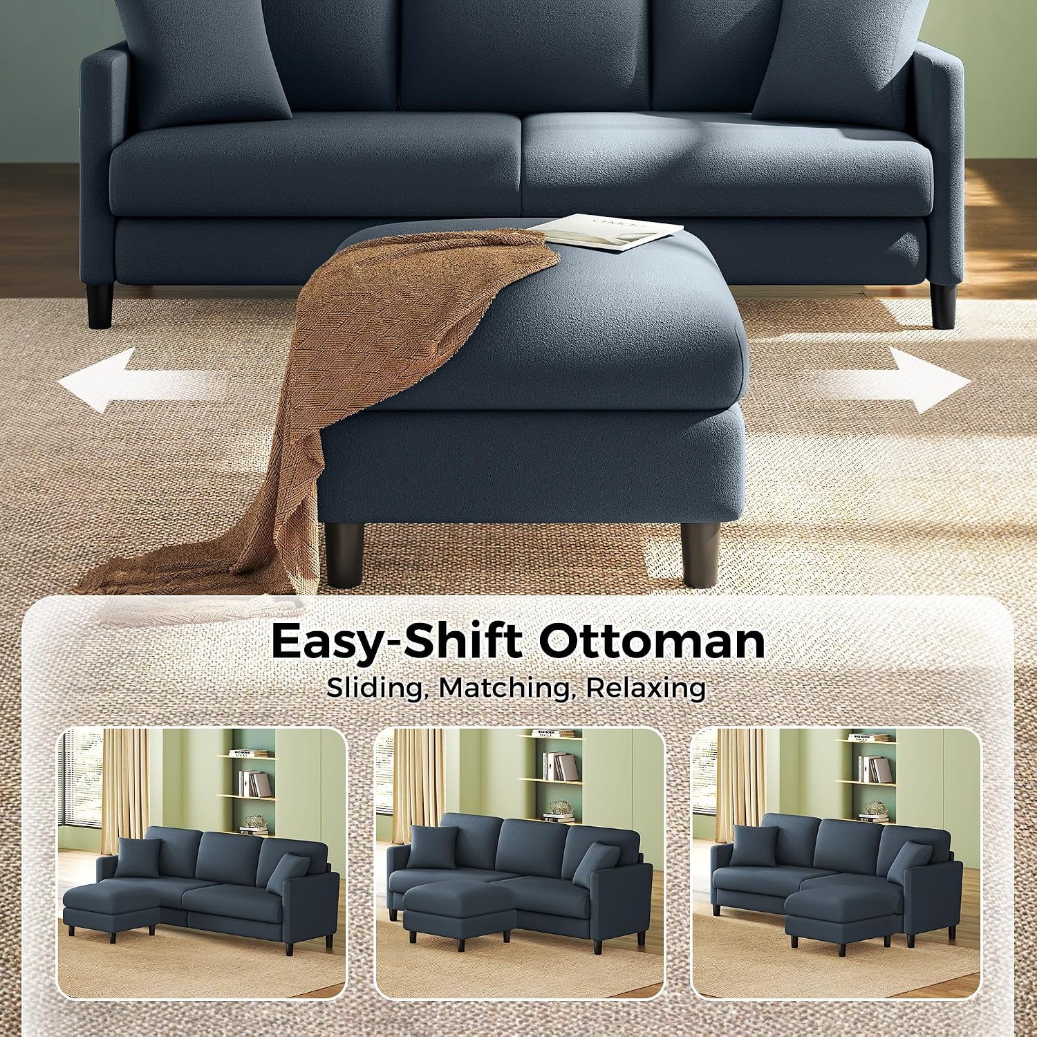 Welzona 83' Couches for Living Room, Teddy Sofa Couch with Storage Ottoman, L Shaped Couch with Movable Ottoman, Tool-Free Modular Sectional Sofa, All-Wood Sofas for Living Room 2 Pillows, Blue Grey