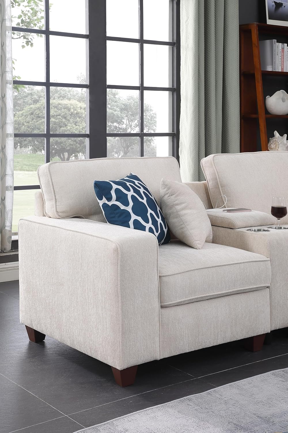 Ball & Cast 127' L-Shaped Sectional Couch with Movable Ottoman&6 Throw Pillow,7 Seat Chenille Upholstered Sofa W/2 Cup Holder,USB Port&Hidden Storage Box,DIY Combination,for Livingroom,Apartment,Beige