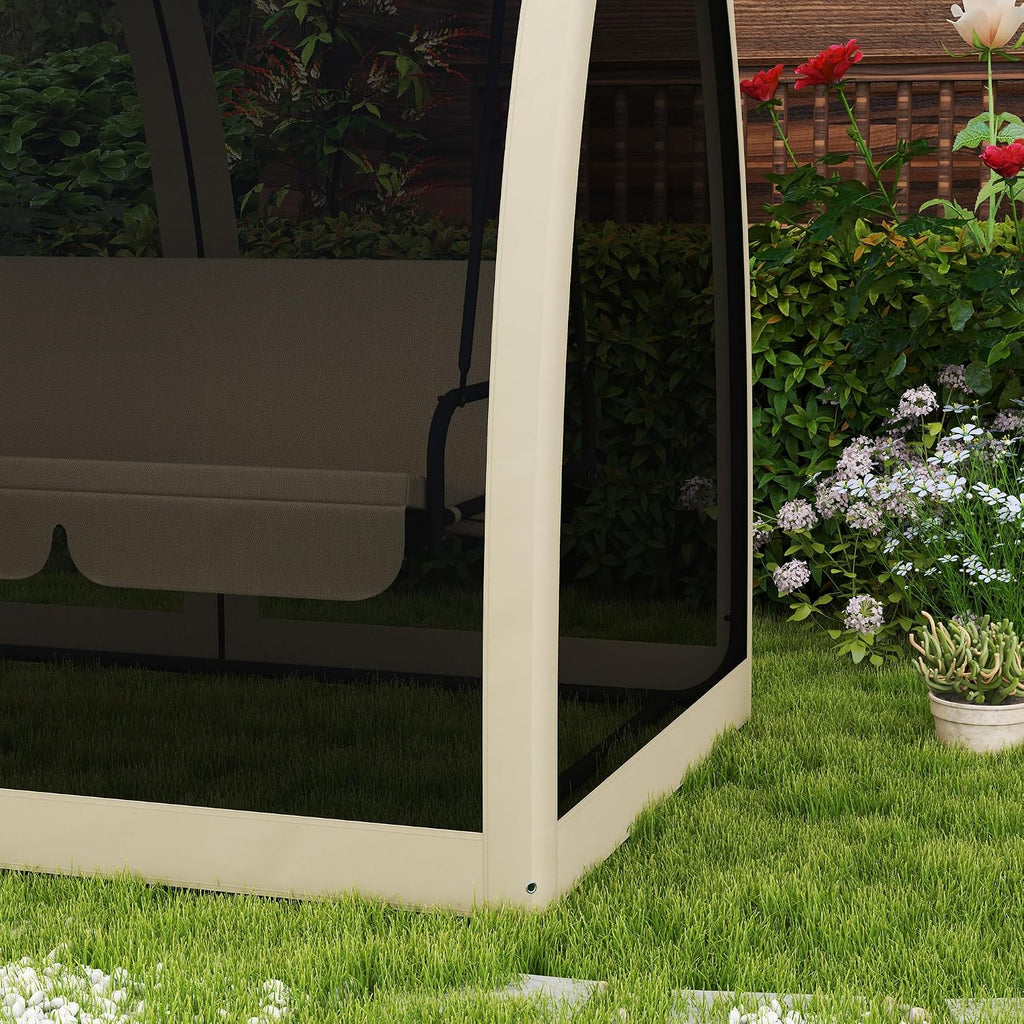 Outsunny 3-Seat Patio Swing Chair, Porch Swing Bed with Convertible Backrest, Cushion, Canopy, Side Pocket and Mesh Netting for Patio, Garden, Backyard, Coffee