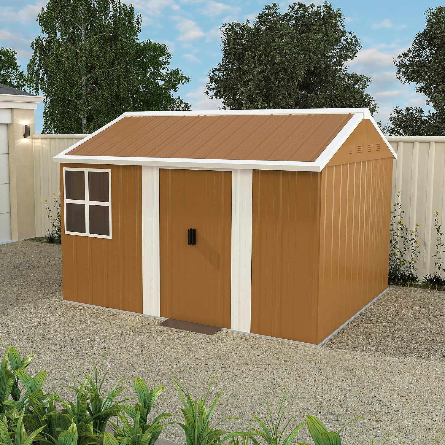 10x8 FT Outdoor Steel Storage Shed with Clear Windows, Sliding Lockable Door & Ventilation, Brown and White Weather-Resistant Metal Tool Shed for Garden, Backyard, Lawn, and Utility Storage