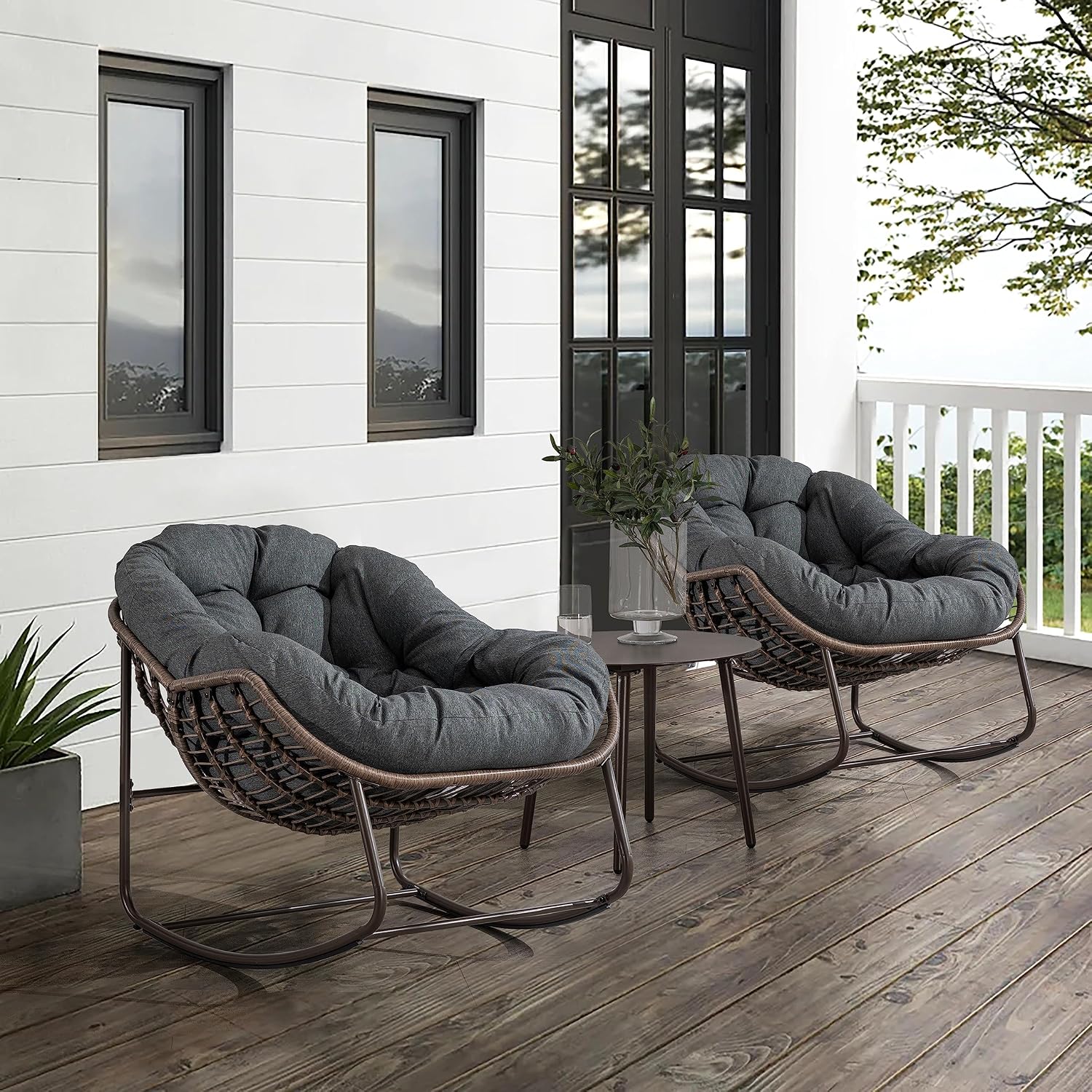 Wicker Outdoor Rocking Chair Rattan Egg Chair with Thick Cushion 30° Smooth Rocking Patio Lounge Reclining for Indoor Outdoor Use Living Room Front Porch Balcony Lawn Garden, Dark Grey