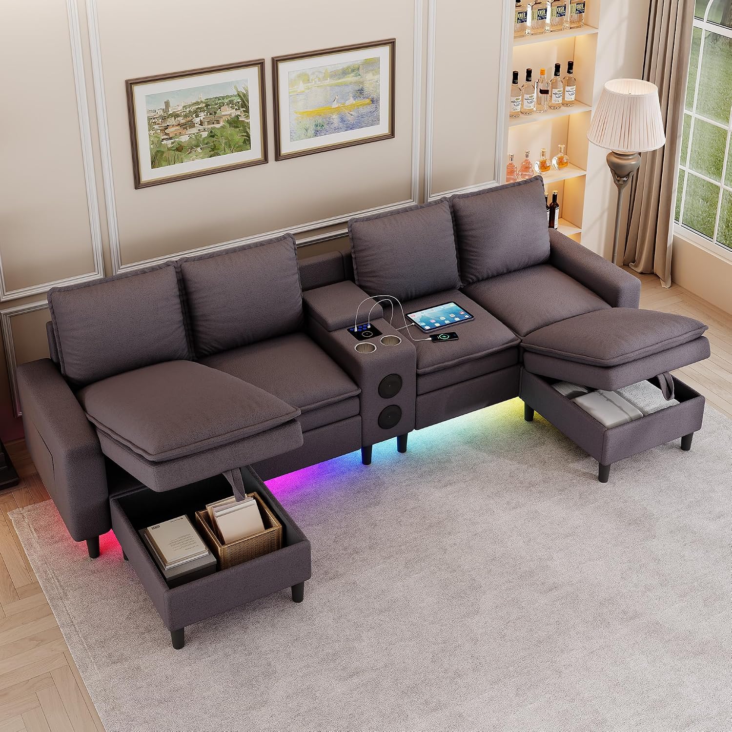 Sectional Couches for Living Room, 4 Seat Sectional Sofa with Smart Module-Bluetooth Speaker/RGB Light/Charging Station, Teddy Fleece U Shaped Cloud Couch with Storage Ottoman (Dark Grey)