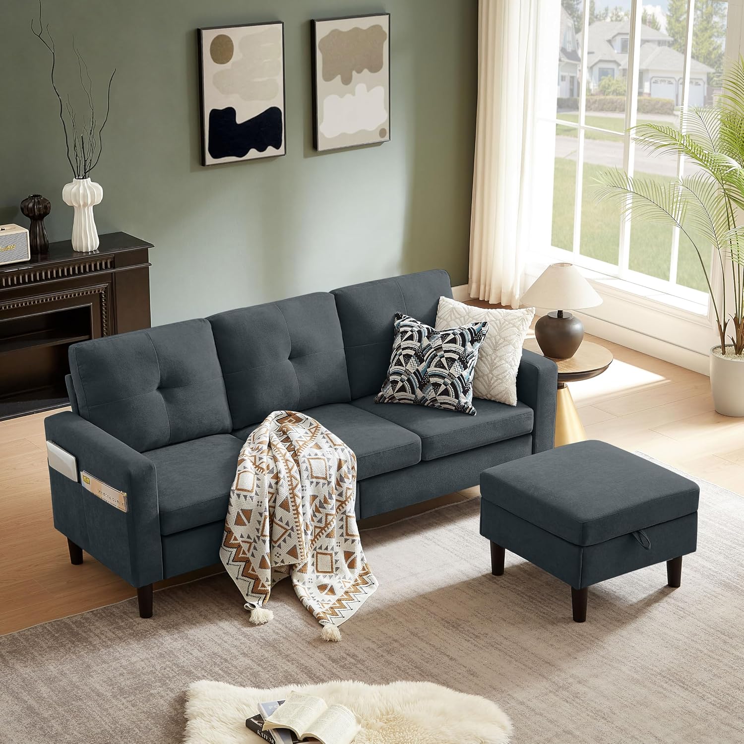 3 Piece Living Room Sofa Sets, Modern 3 Seater Sofa with Storage Ottoman and 2 PSC Armchair Couch Sets, Easy Assembly, Modern 5 Seat Sectional Couches for Living Room, Office,Dark Grey