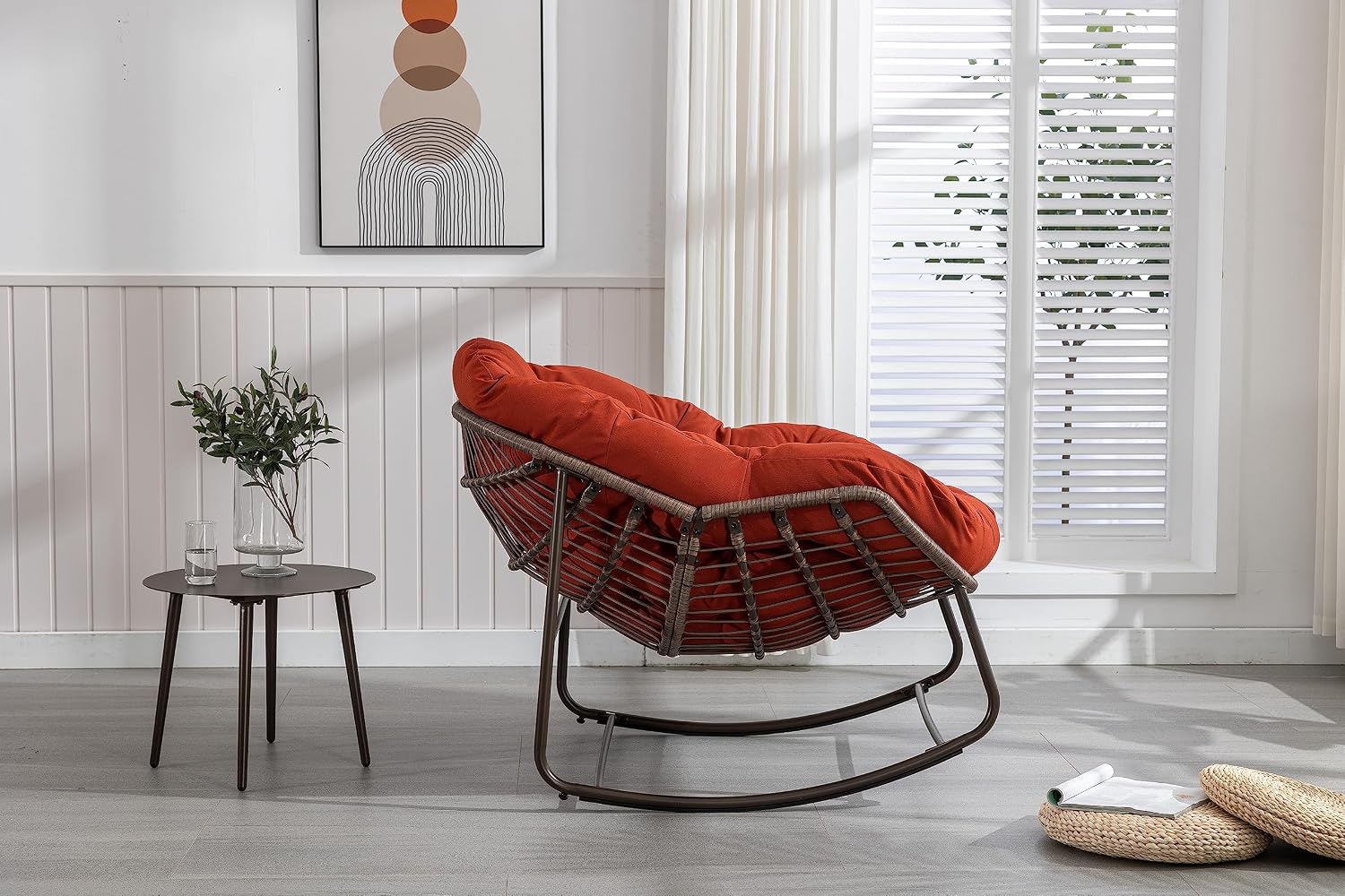 Wicker Outdoor Rocking Chair Rattan Egg Chair with Thick Cushion 30° Smooth Rocking Patio Lounge Reclining for Indoor Outdoor Use Living Room Front Porch Balcony Lawn Garden, Orange