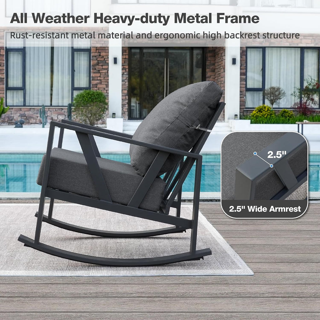 Outdoor Patio Rocking Chairs Set of 2, 3 Pieces Patio Porch Furniture Set with 6' Thick Cushions, Outdoor Bistro Set with Coffee Table, Dark Grey