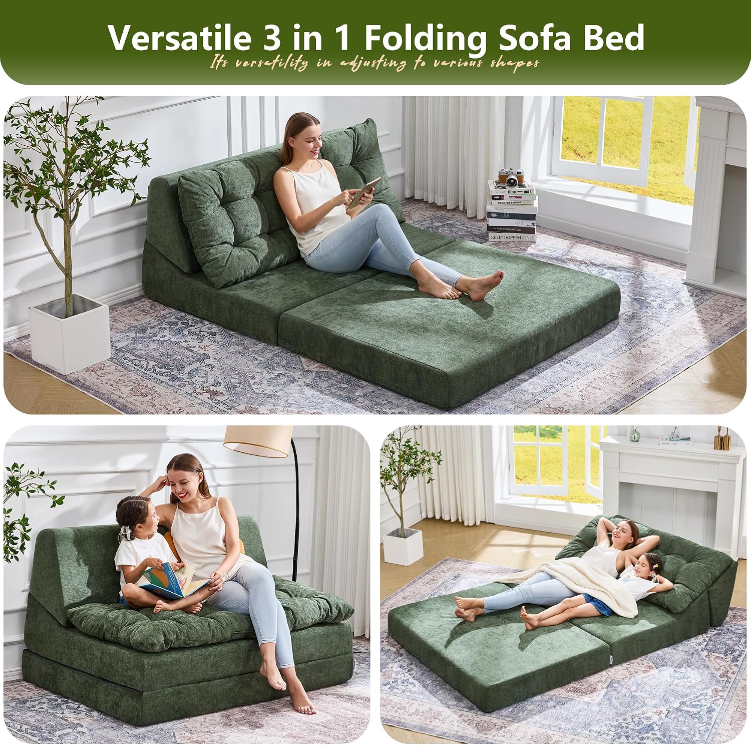 Hobestluk Sofa Couch Folding Sofa Bed Sleeper Comfy Floor Lounger Loveseat Sofa with Removable Cushion Couches Foldable Mattress for Living Room Bedroom or Office (Chenille Green, Oversize)