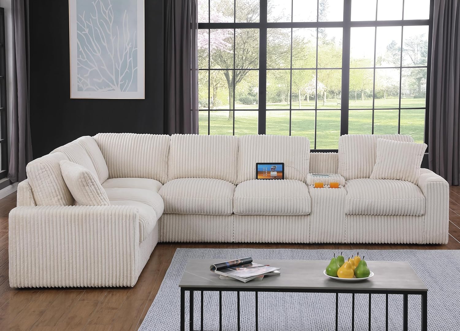Ball & Cast 127' Modular Sectional Sofa,Modern Oversized Cloud Couch with Cup Holder&USB Port,7 Seat Convertible L-Shaped Corduroy Sofas W/Ottoman,Pillows&Storage Box,Comfy Couch for Living Room,Beige