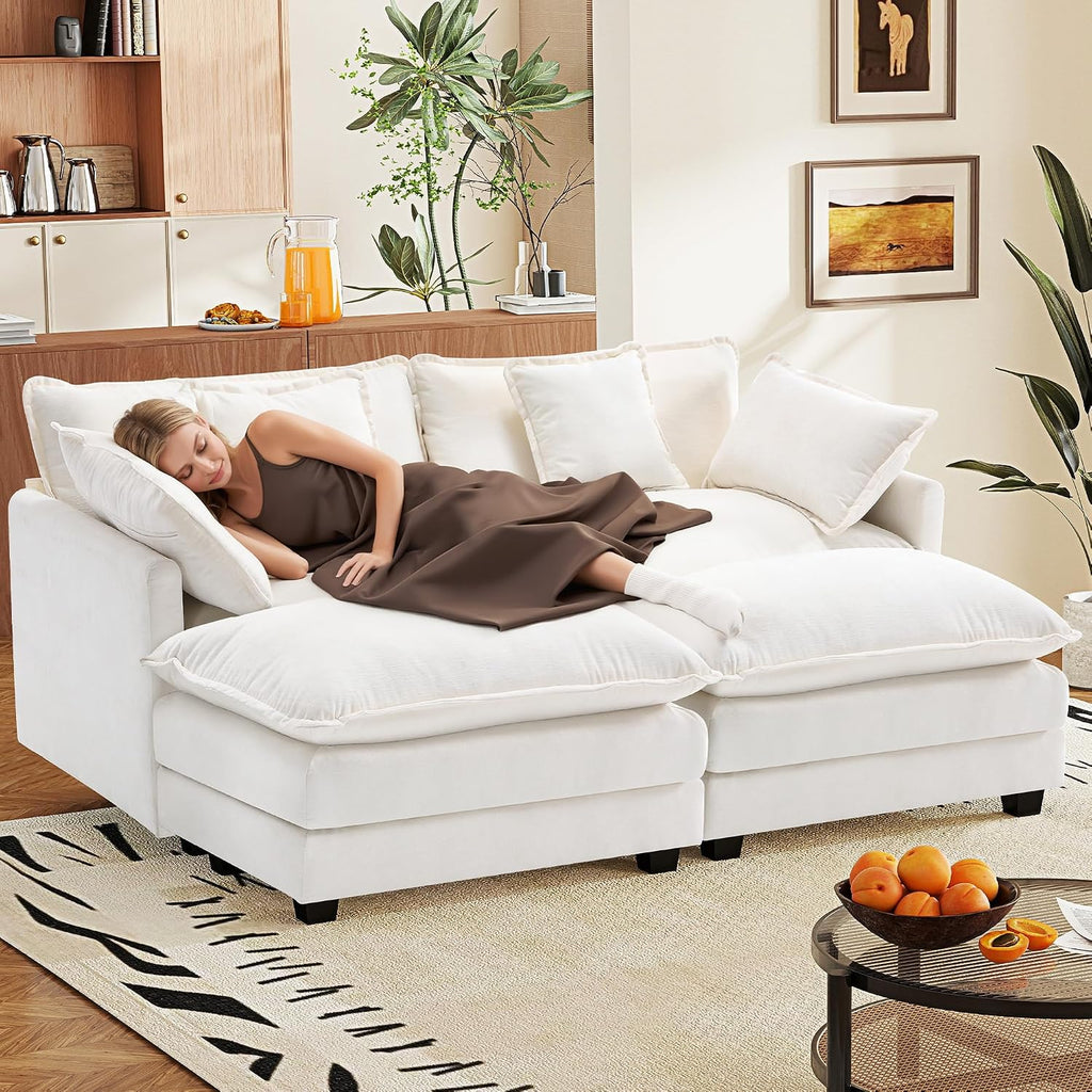 77.6' Modular Sectional Sofa,Loveseat Couch for Living Room, Modern Deep Seat Sofa 2 Seater Chenille Fabric Comfy Cloud Couches with Throw Pillows & Ottoman for Apartment,Small Spaces