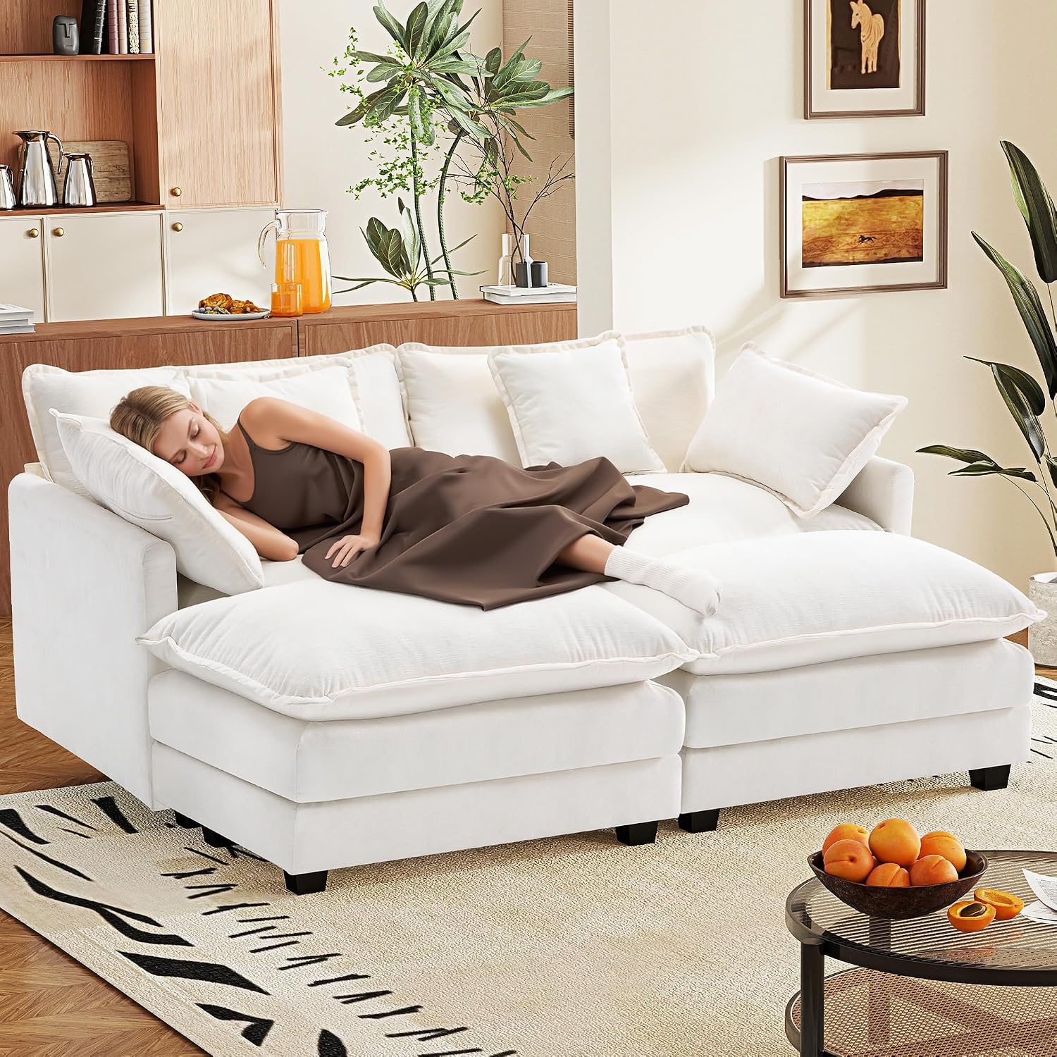 77.6' Modular Sectional Sofa,Loveseat Couch for Living Room, Modern Deep Seat Sofa 2 Seater Chenille Fabric Comfy Cloud Couches with Throw Pillows & Ottoman for Apartment,Small Spaces