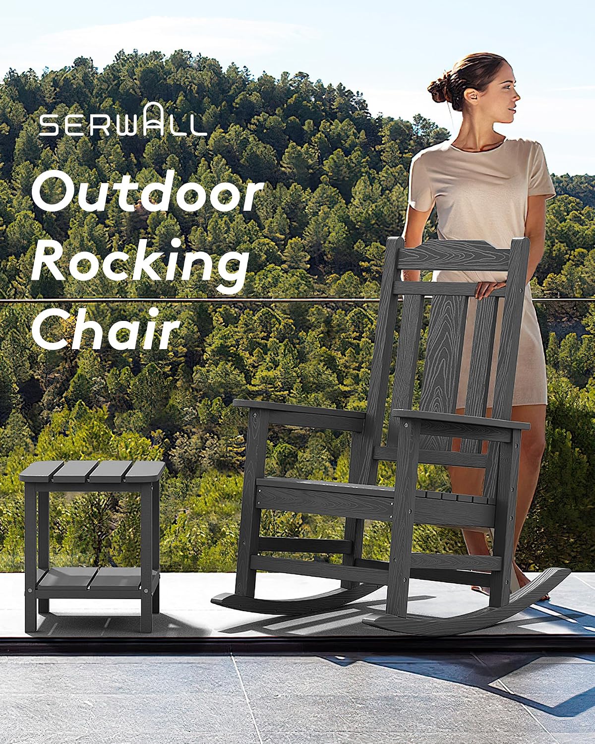SERWALL Oversized Rocking Chair Set of 2 Outdoor, HDPE Outdoor Rocking Chair Set of 2, Grey