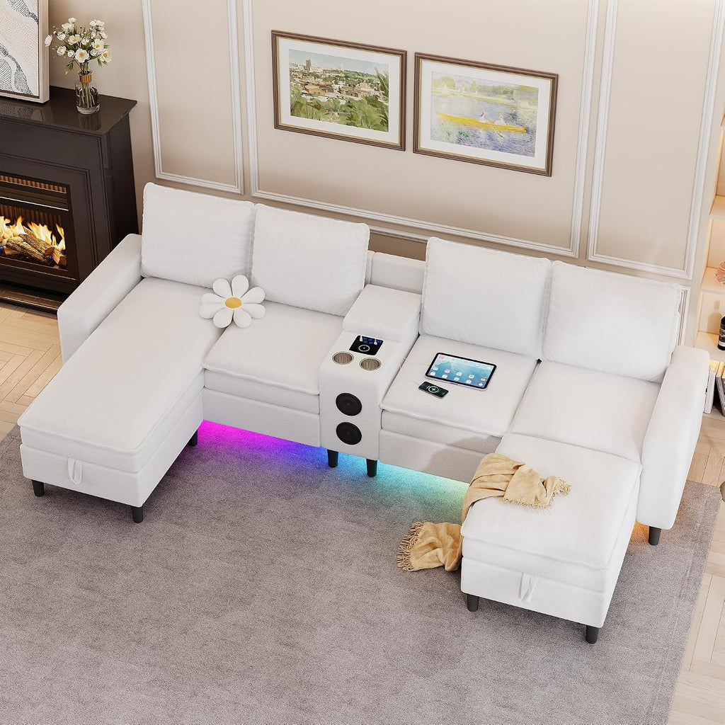 Sectional Couches for Living Room, 4 Seat Sectional Sofa with Smart Module-Bluetooth Speaker/RGB Light/Charging Station, Teddy Fleece U Shaped Cloud Couch with Storage Ottoman (White)
