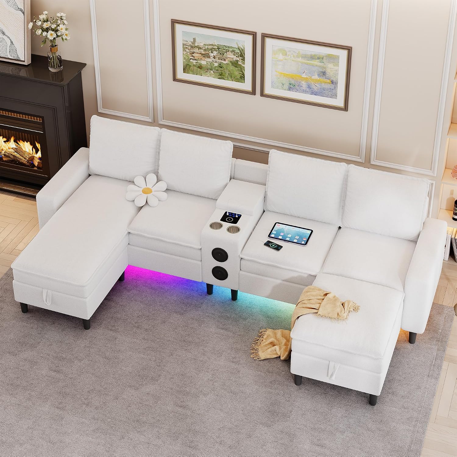 Sectional Couches for Living Room, 4 Seat Sectional Sofa with Smart Module-Bluetooth Speaker/RGB Light/Charging Station, Teddy Fleece U Shaped Cloud Couch with Storage Ottoman (White)