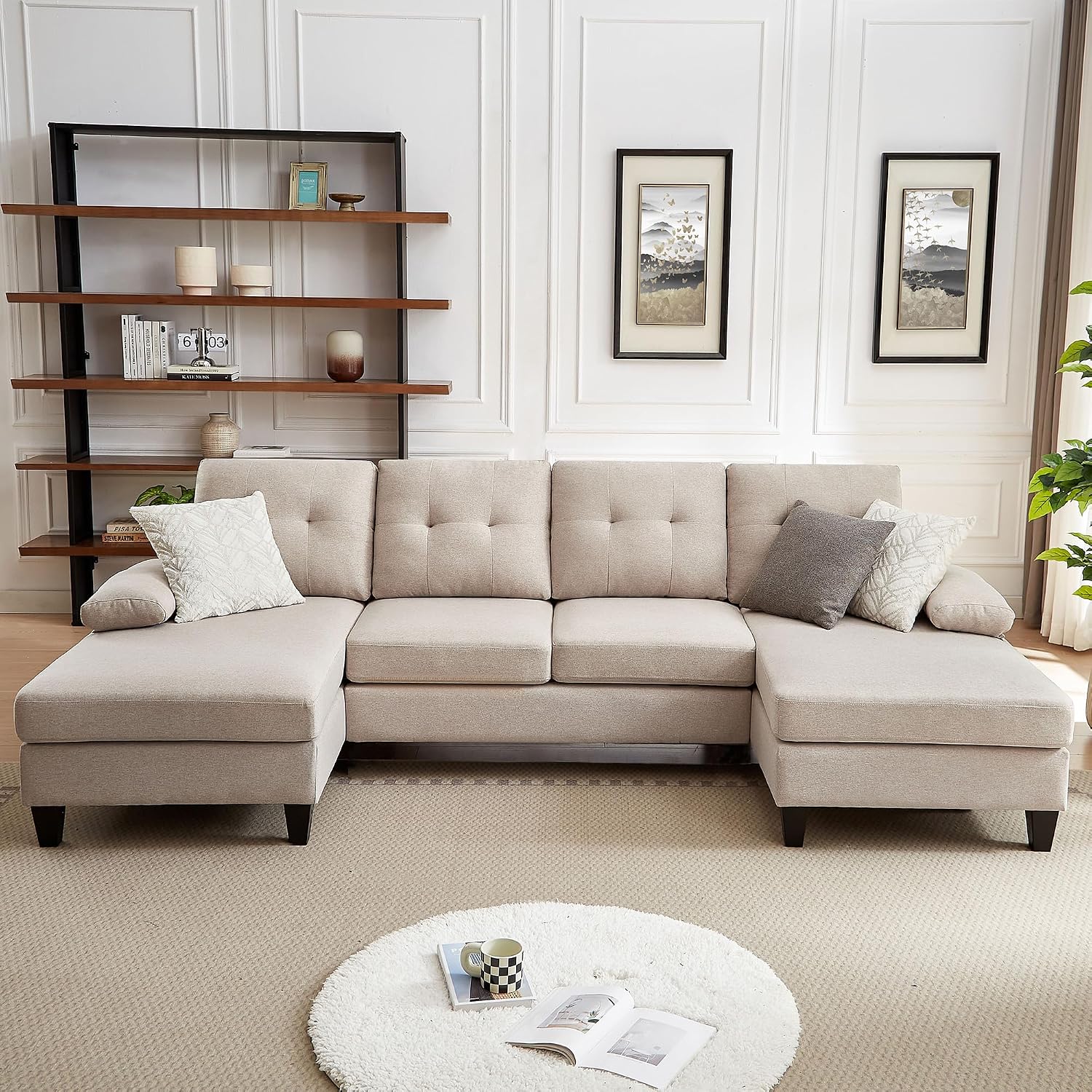Sectional Couch for Living Room, Modern Linen Fibre U Shaped Sofa Couches with Double Chaise, Upholstered 4 Seater Sofa for Living Room, Apartment, Office, Beige