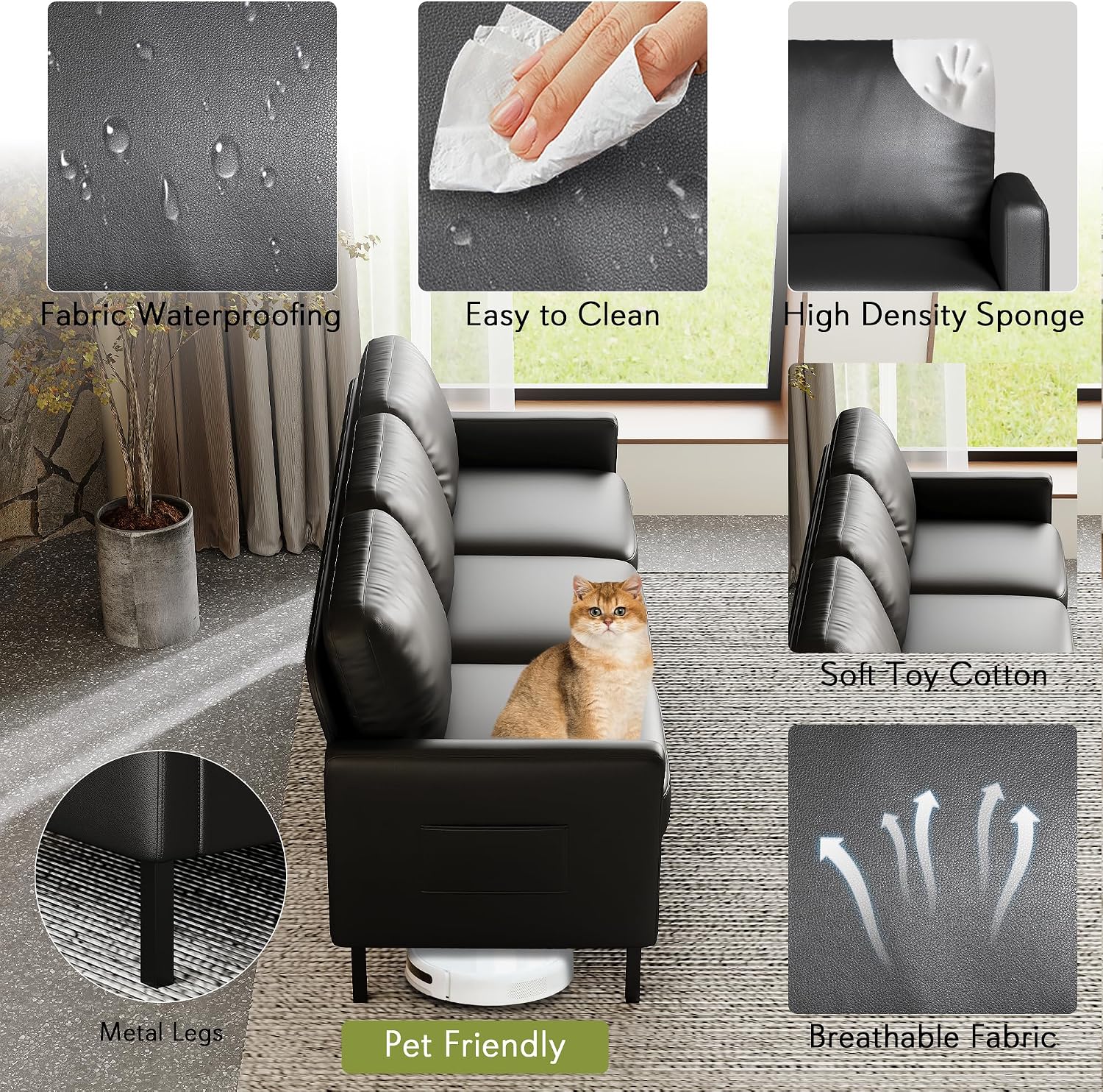 STHOUYN 72' W Faux Leather Black Sofa 3 Seat Couch, Modern Comfy Couch with 2 USB, Small Couches for Living Room Apartment Bedroom Small Spaces, Office(Black (Sofa))