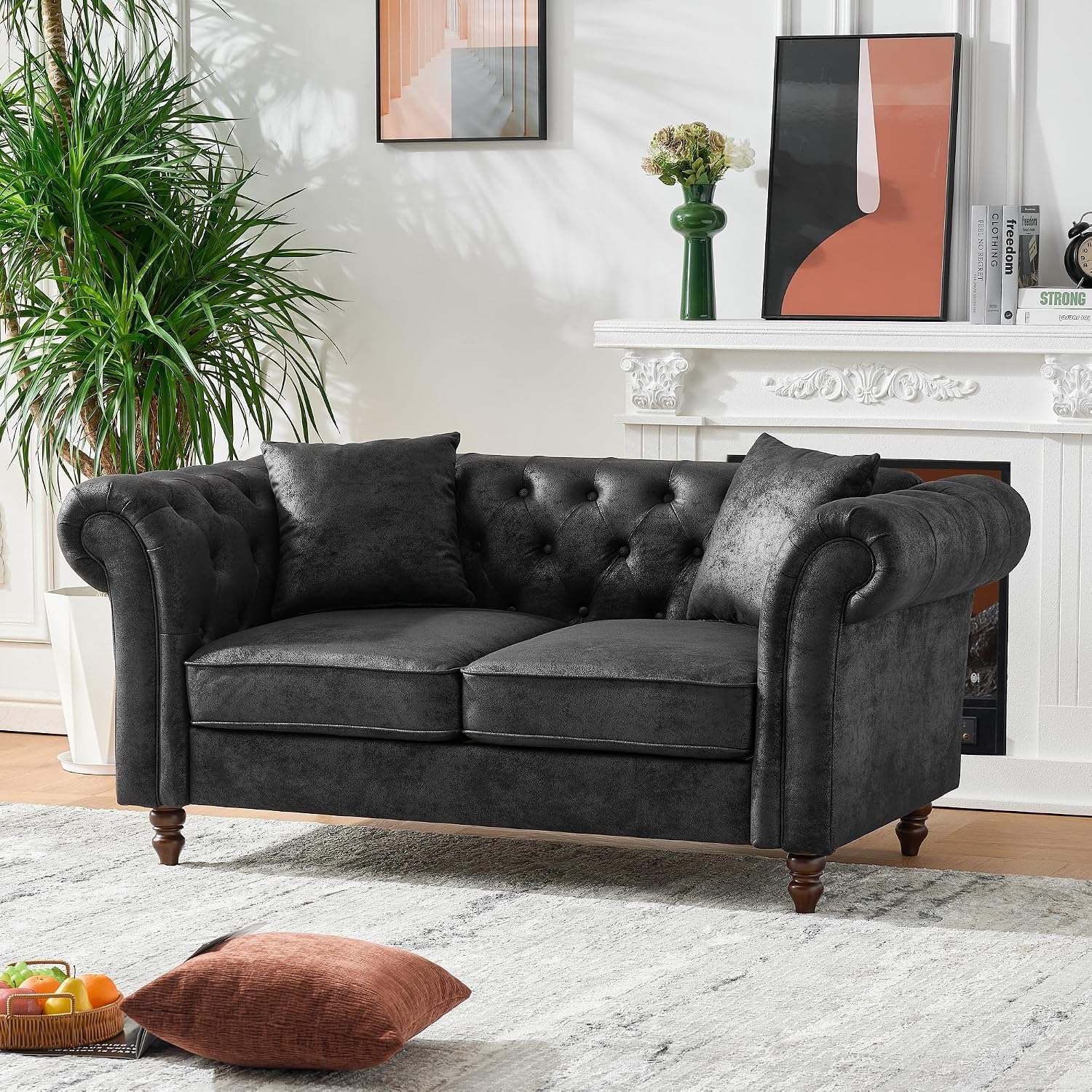 Air Leather Tufted Loveseat Couch, Rolled Arm 2-Seater Sofa with 2 Pillows, Living Room Small Apartment Office Décor