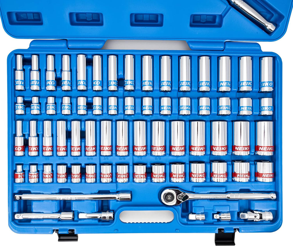 Neiko 02479A 1/2 Inch-Drive Colored Mechanics Tool Ratchet, Socket Set, 68 Piece Standard and Deep SAE Sizes 3/8' to 1-1/4' Metric Sizes 10 mm to 24 mm Made with CrV Steel for Auto Repair