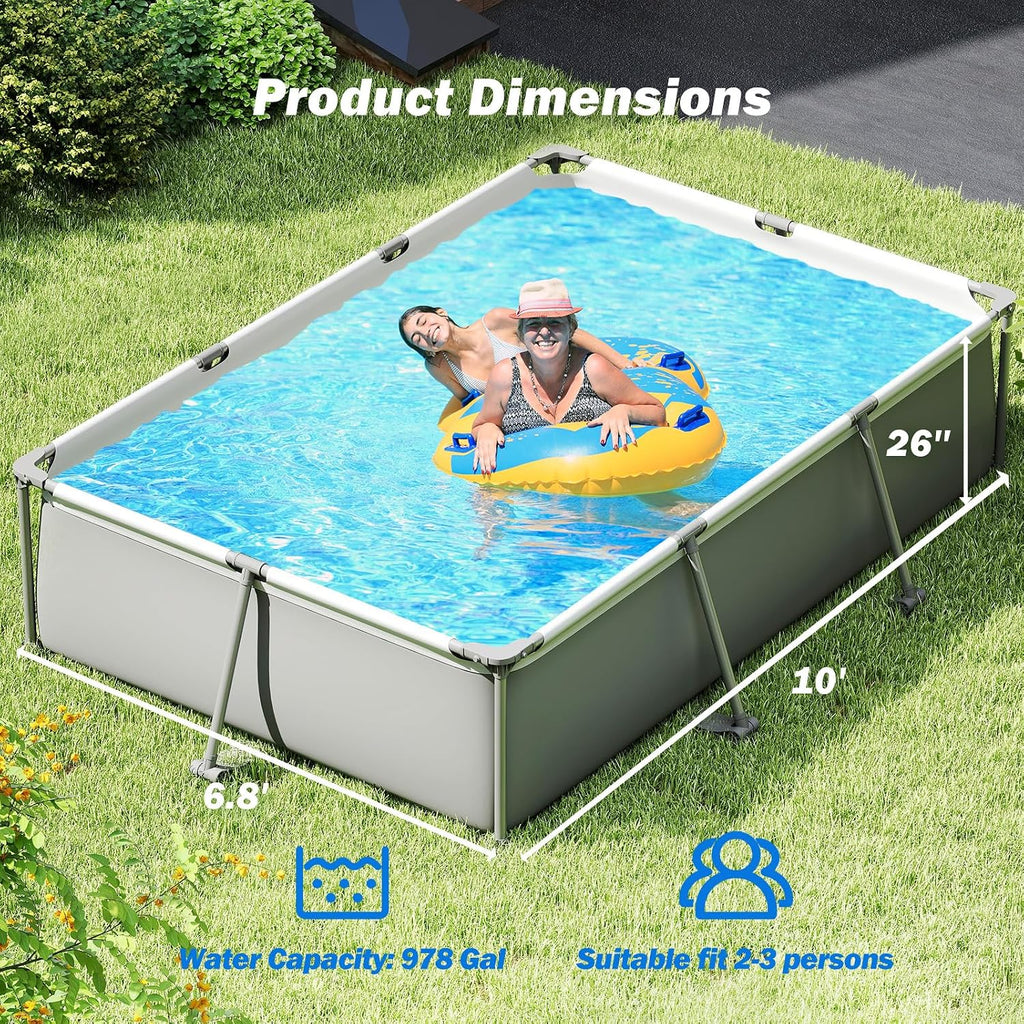 Moccha 10' x 6.8' Rectangle Above Ground Pool, Metal Frame Family Pool Set with PVC Fabric, 3 Stoppers, Drainage Valve Connector, Outdoor Backyard Swimming Pool, 978 Gallons of Water