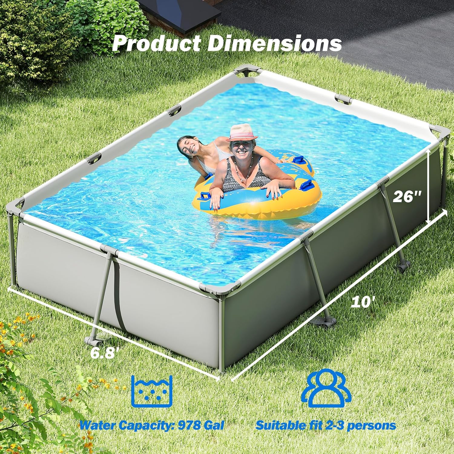 Moccha 10' x 6.8' Rectangle Above Ground Pool, Metal Frame Family Pool Set with PVC Fabric, 3 Stoppers, Drainage Valve Connector, Outdoor Backyard Swimming Pool, 978 Gallons of Water
