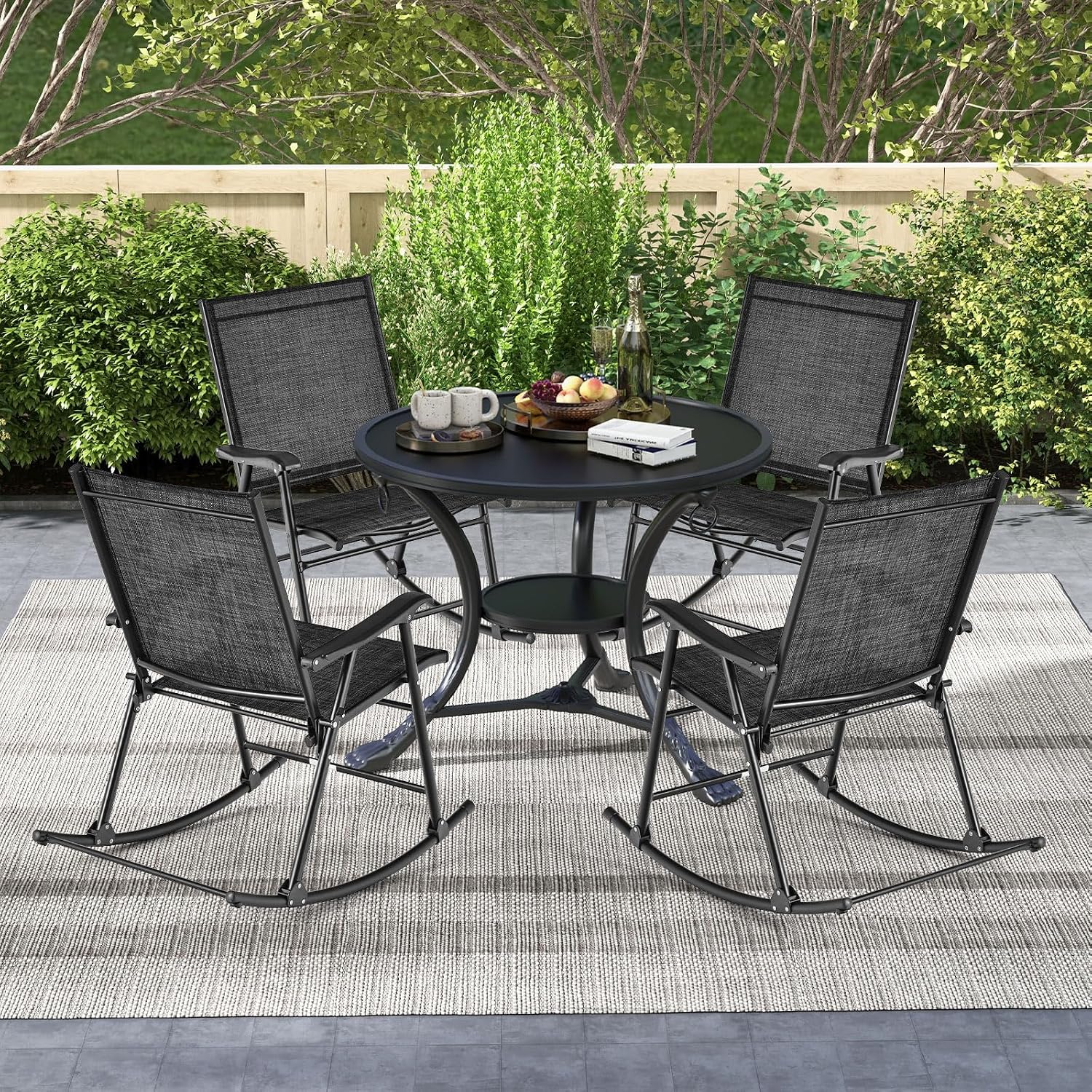 Tangkula Folding Rocking Chairs Set of 2, Patio Rockers with Breathable Seat Fabric & Sturdy Metal Frame, Smooth Rocking Motion, Heavy-Duty Outdoor Rocker for Backyard, Front Porch, Poolside
