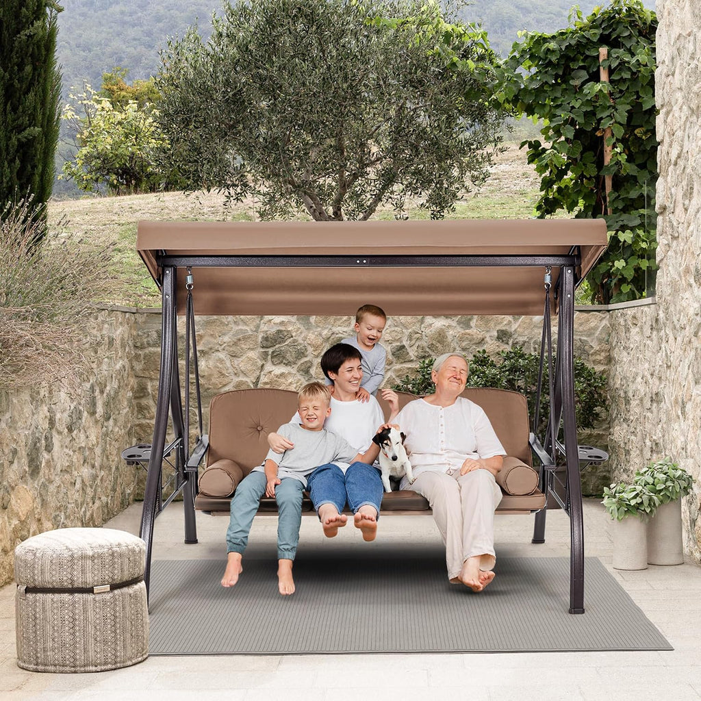 HOMREST 3 Person Outdoor Porch Swing with 1.5' Upgraded Cup Holder, Adjustable Canopy, Backrest, Patio Swing Bed with Weather Resistant Steel Frame, Cushions for Garden,Deck and Poolside(Brown)