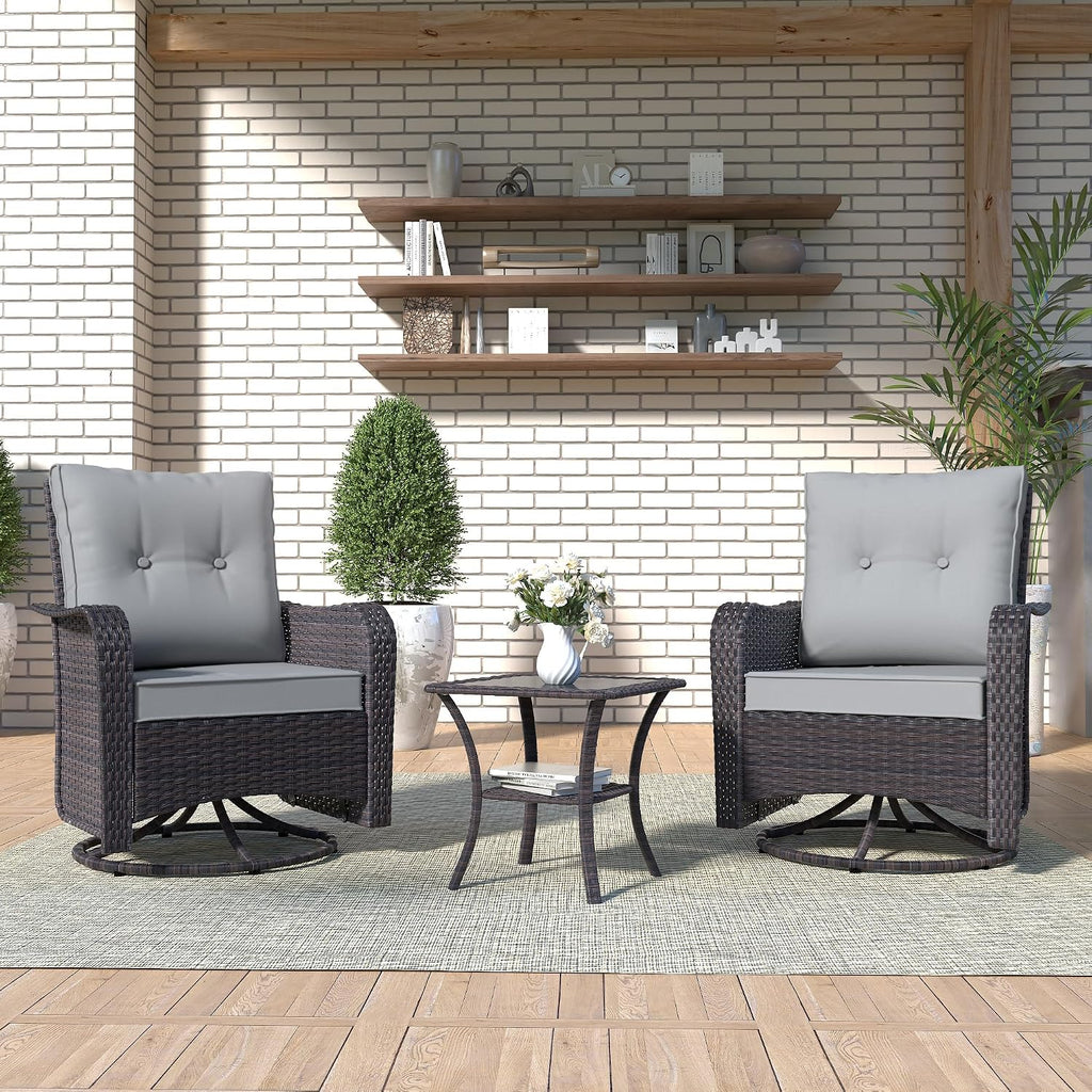 Kurapika 3 Pieces Patio Furniture Set Outdoor Swivel Gliders Rocker, Wicker Patio Bistro Set, Rattan Rocking Chair with Tempered Glass Side Table and Thickened Cushions (Grey)