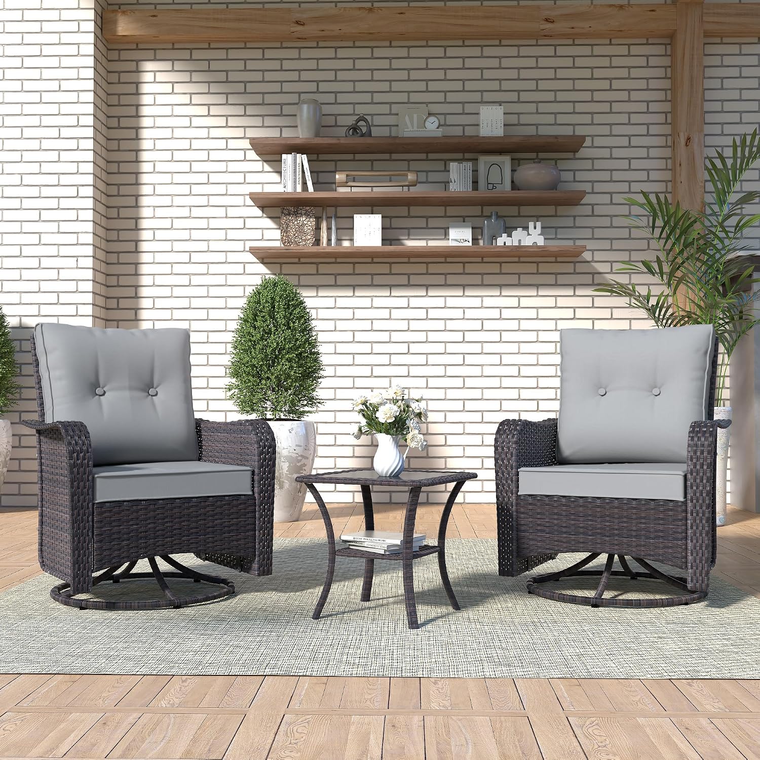 Kurapika 3 Pieces Patio Furniture Set Outdoor Swivel Gliders Rocker, Wicker Patio Bistro Set, Rattan Rocking Chair with Tempered Glass Side Table and Thickened Cushions (Grey)